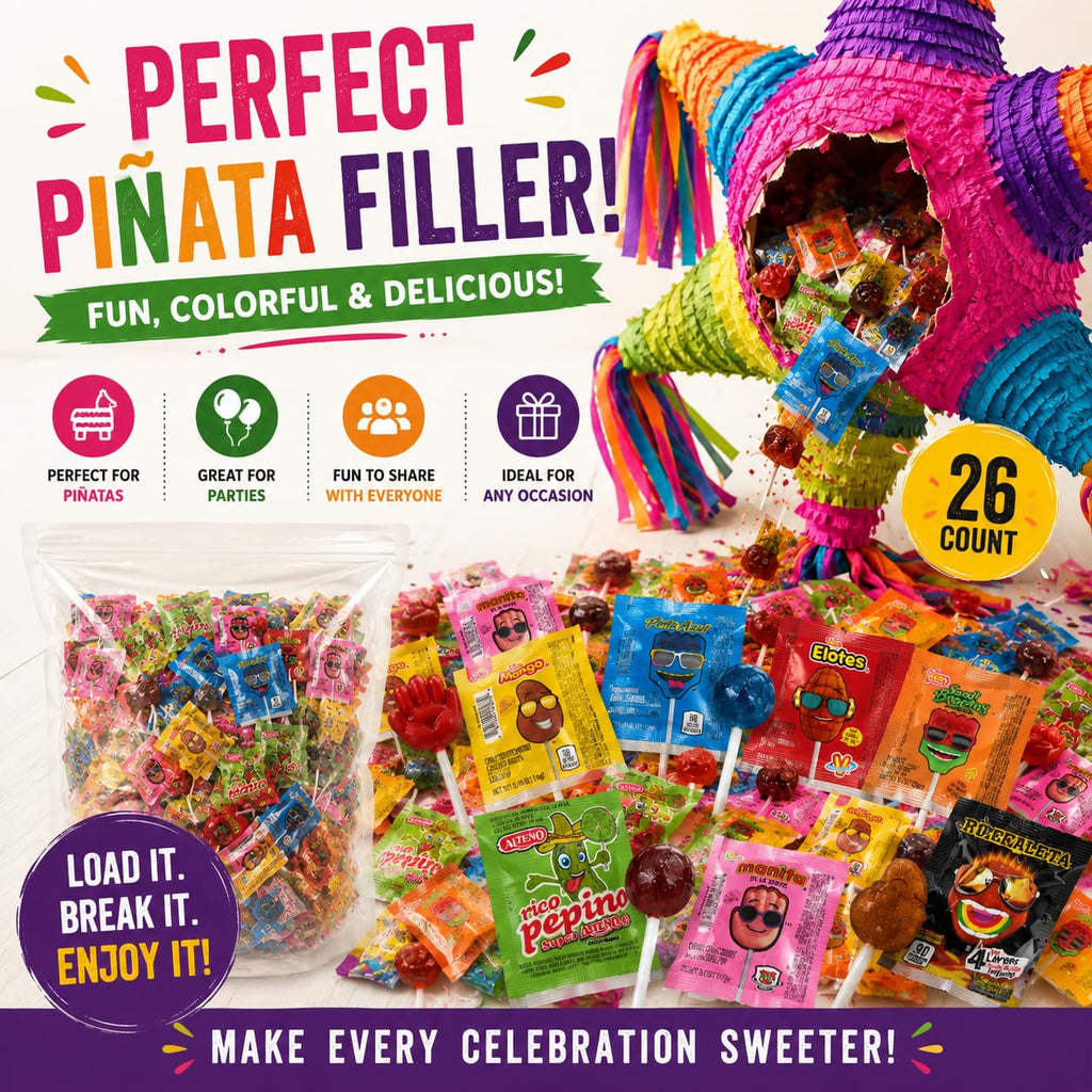 Mexican Candy Lollipop Mix – 26 Count – 7 Different Flavors – Sweet, Spicy, and Tangy Assorted Lollipops – Perfect for Piñatas, Parties, and Snacks