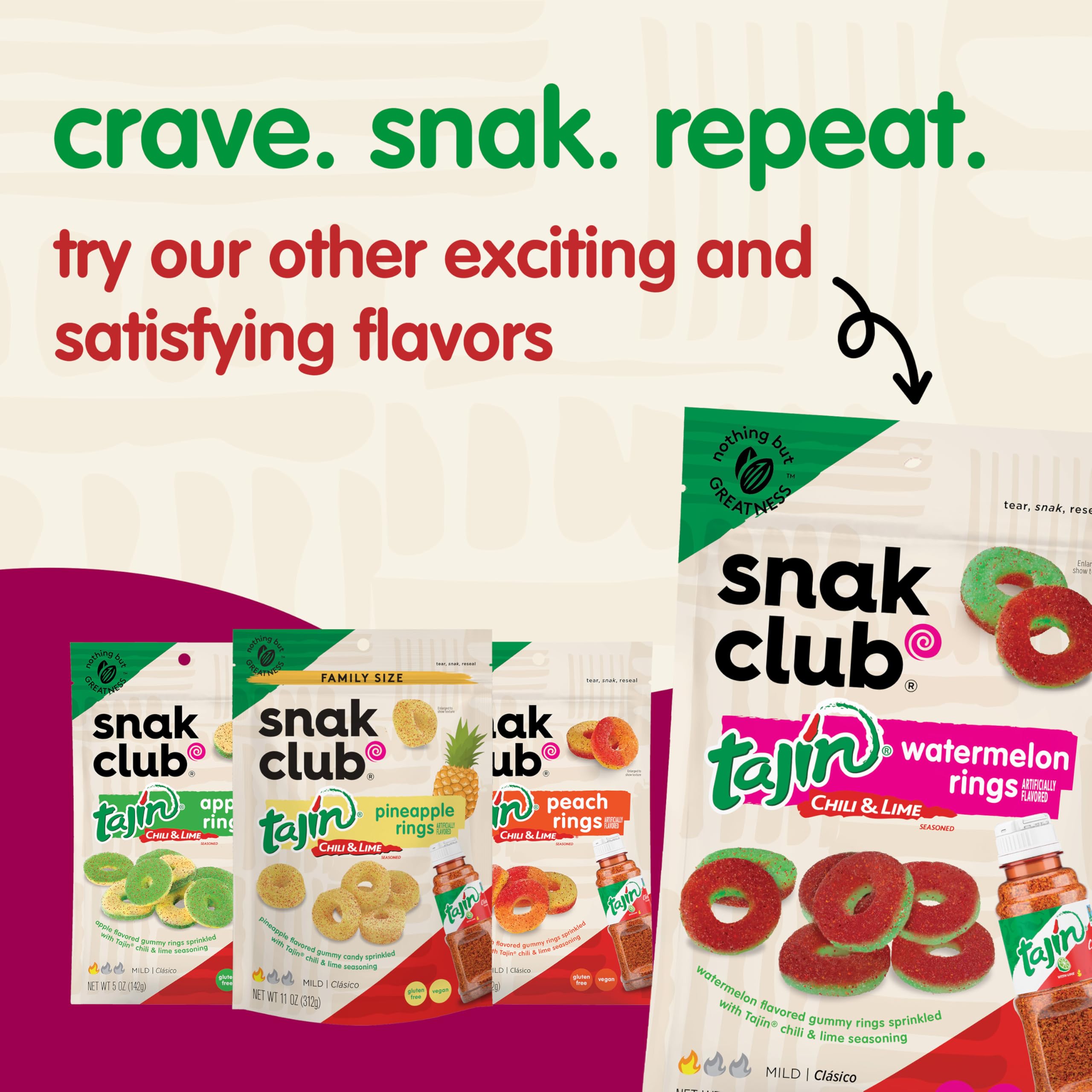 Snak Club Tajin Watermelon Rings, Chili & Lime Gummy Snacks, Mild in Heat Bold in Flavor, Gluten-Free Snack, 2.25oz,(Pack of 12)