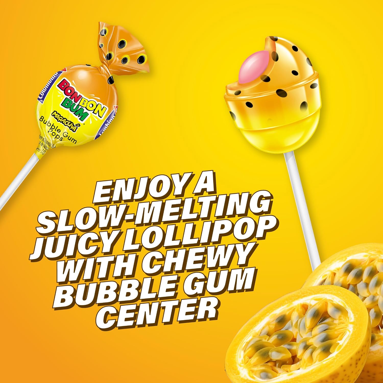Colombina Bon Bon Bum Passion Fruit Lollipops, Tropical Fruit Hard Candy, Individually Wrapped Candy Pops for Parties, Candy Bowl Refill, Office or Classroom Rewards, 24 Count