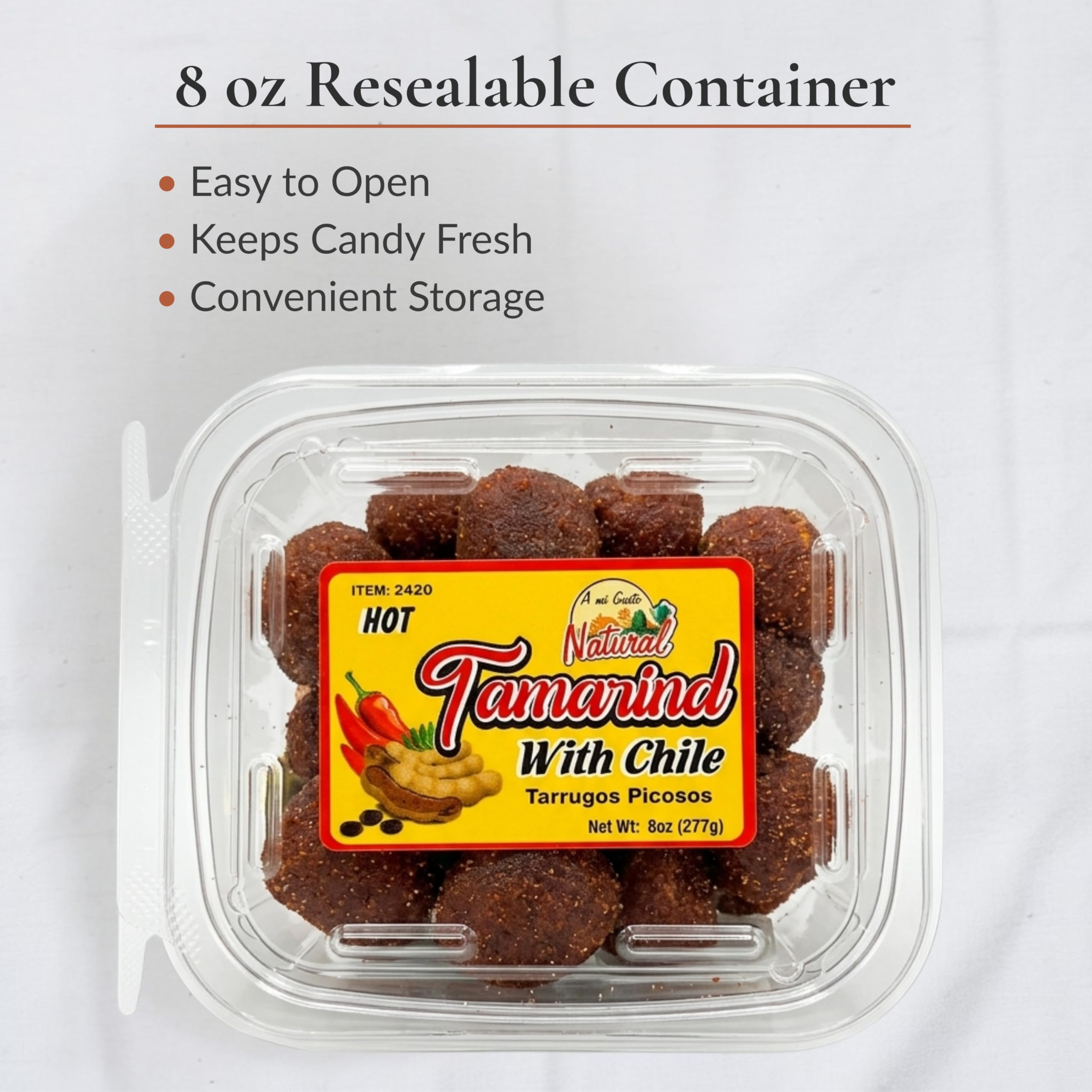 A Mi Gusto Natural Chili Tamarind Candy Balls, 8 oz – Sweet Tamarind Candy with Chili & Simple Ingredients, Resealable Container