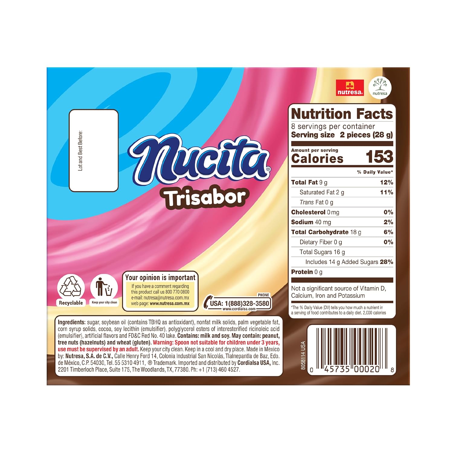 Nucita Trisabor, 3-Flavor Creamy Candy, 7.9 oz (16 Pack) | Chocolate, Strawberry & Vanilla Spreadable Candy