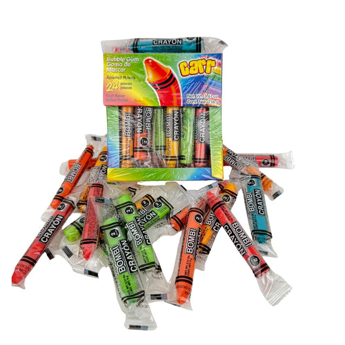 Bombi Crayon Chewing Gum 24 Pieces, Carr Mexican Bubble Gum Assorted Fruit Flavors, Individually Wrapped Novelty Candy, Dulces Mexicanos, Goma de Mascar by New to Town