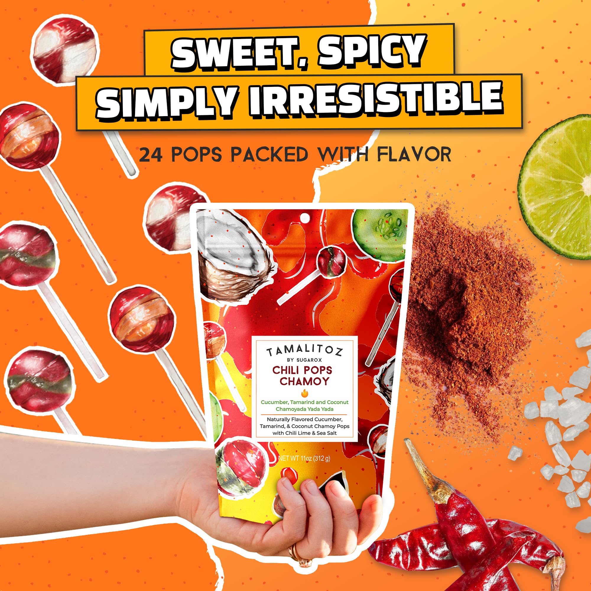 Tamalitoz Chili Pops Chamoy Spicy Mexican Lollipops with Chili, Lime, Sea Salt, Coconut, Tamarind & Cucumber Flavors Fruity Handcrafted Candy, Gluten-Free, Kosher, 2 Bags, (11oz)