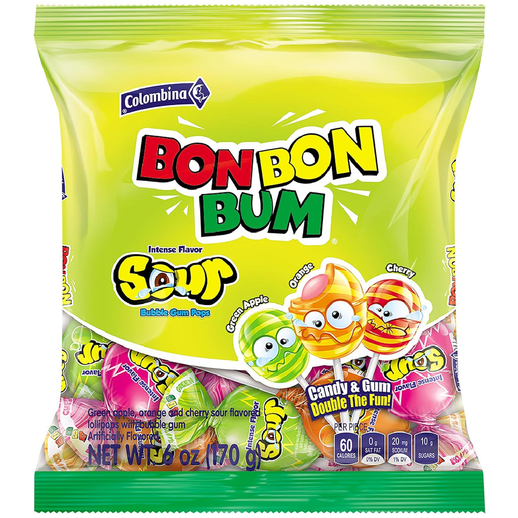 Colombina Bon Bon Bum Intense Sour Lollipops, Assorted Sour Fruit Flavors with Bubble Gum Center, Individually Wrapped, 6 oz (Pack of 1)