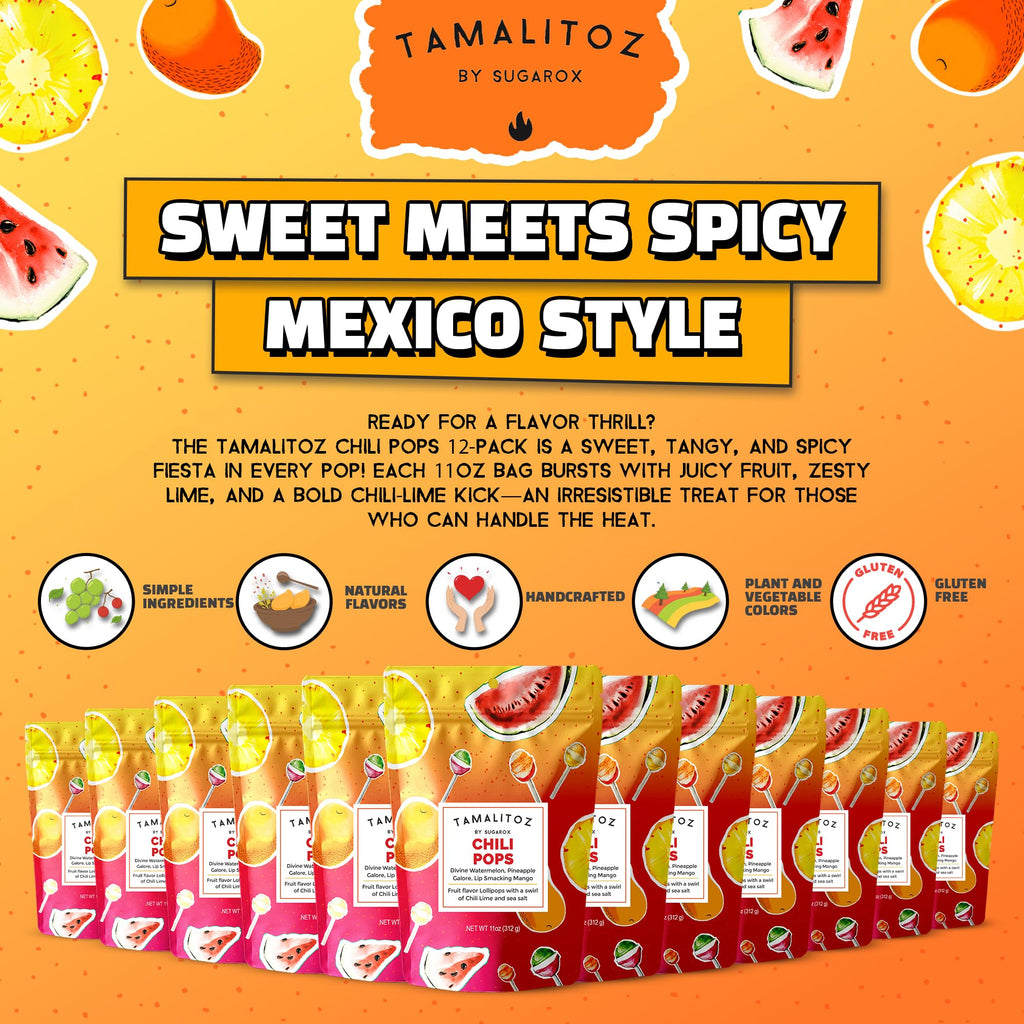 Tamalitoz Chili Pops Chamoy Spicy Mexican Lollipops with Chili, Lime, Sea Salt, Coconut, Tamarind & Cucumber Flavors Fruity Handcrafted Candy, Gluten-Free, Kosher, 2 Bags, (11oz)