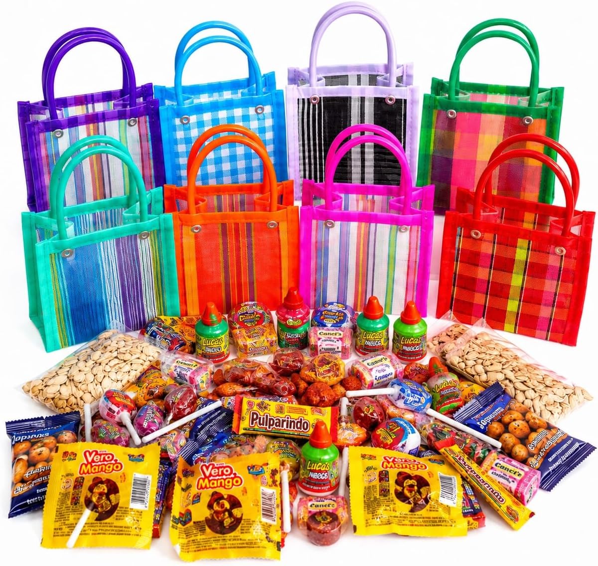Mini Mercado Bags & Mexican Candy Kit – 8 Mercado Bags & 48 Pieces of Dulces Mexicanos, Dulceros 4" inch Fiesta Party Favors, Bolos, Candy Variety Pack Favor Kit for Birthdays, Bautizos, Candy Mix