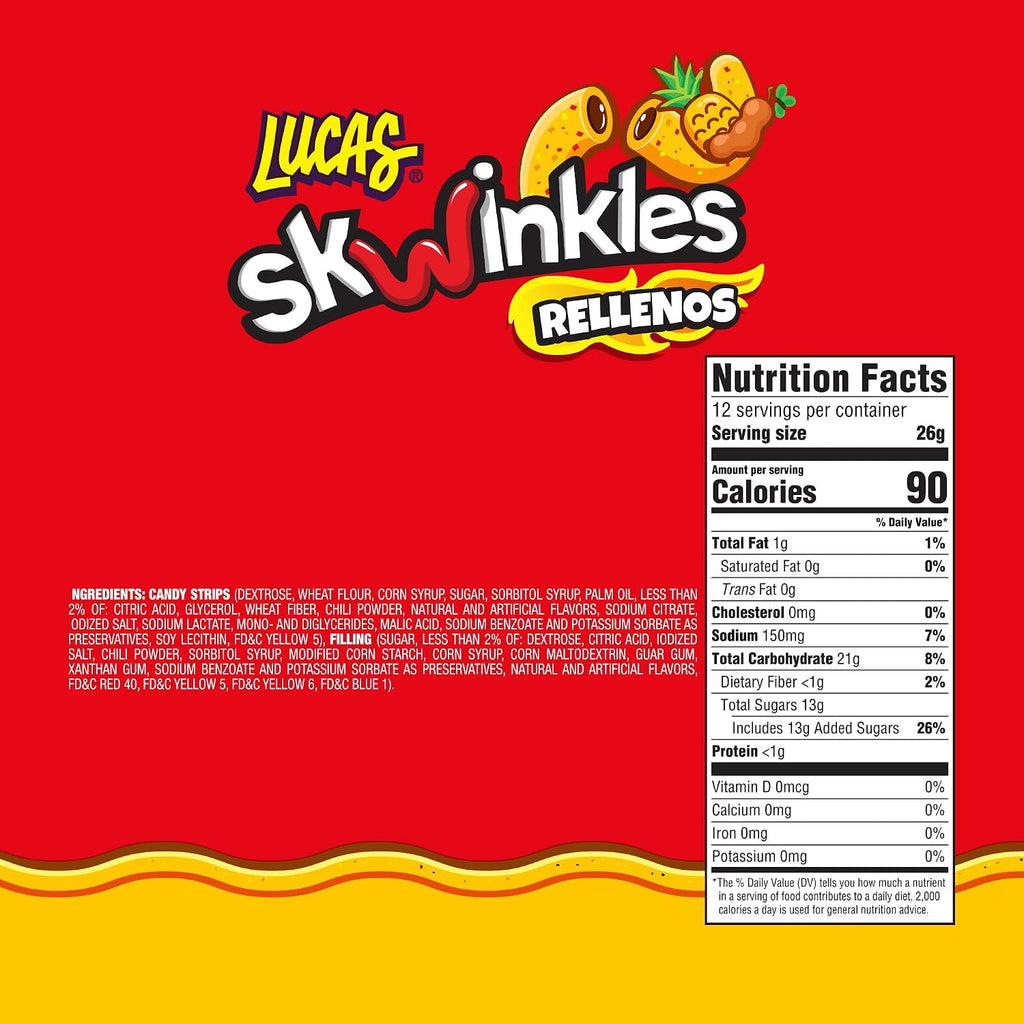 Lucas Skwinkles Pineapple - Tamarind Filled Flavored Sweet & Sour Candy Strips, 0.92oz - 12 Pieces for Treats, Fruit, Parties, Piñatas