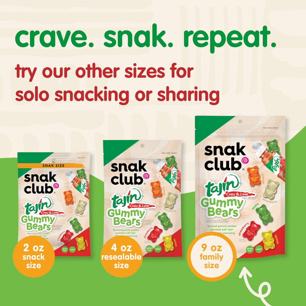 Snak Club Tajin Gummy Bears, Assorted Fruit Candy Gummies with Chili and Lime Seasoning, Mild, Gluten-Free and Vegan Snacks, 9 oz Resealable Bag