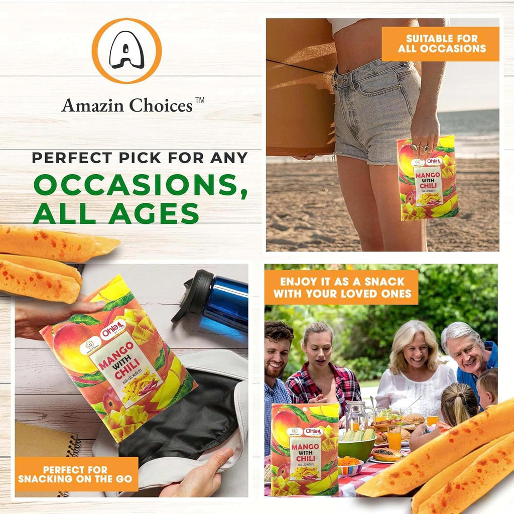 Spicy Dried Mango with Chili By Amazin Choices – Vegan Sweet & Hot Fruit Snacks, Non-GMO Dry Chamoy Mangoes Slices, Candy Bites, Gluten-Free Chili Snack Pack of 3 (1.76 oz x3)