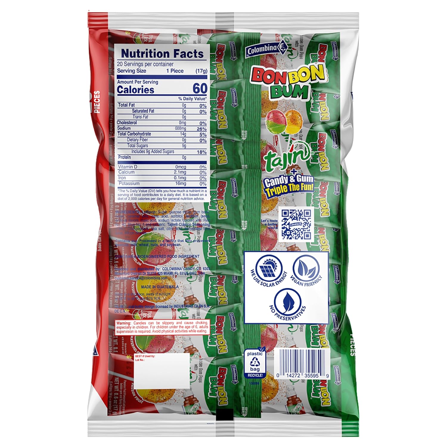Colombina Bon Bon Bum Tropical Passion Fruit & Watermelon with Tajin Seasoning Chile Lime Dip, 20 Count (Pack of 1)
