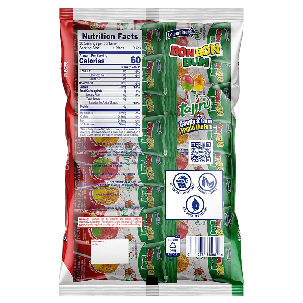 Colombina Bon Bon Bum Tropical Passion Fruit & Watermelon with Tajin Seasoning Chile Lime Dip, 20 Count (Pack of 1)