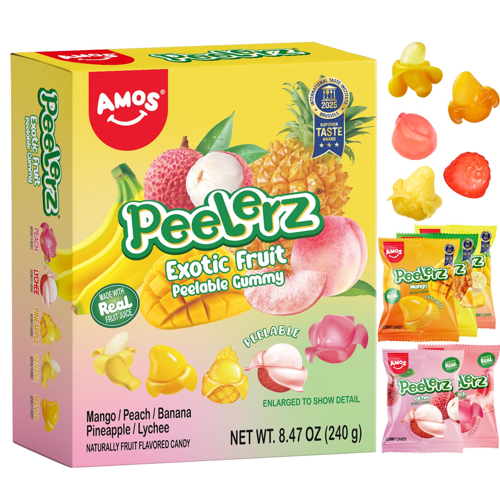 AMOS Peelerz Chili Mango Peelable Gummy Candy, Spicy Sweet Mango Flavor, Real Fruit Juice Infused, 8.47 OZ (240g)