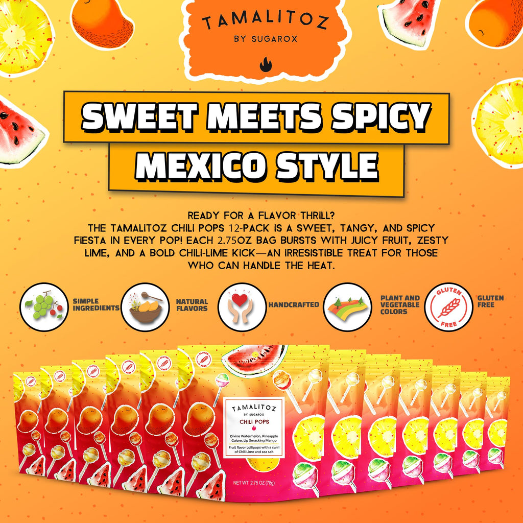 Tamalitoz Chili Pops Chamoy Spicy Mexican Lollipops with Chili, Lime, Sea Salt, Coconut, Tamarind & Cucumber Flavors Fruity Handcrafted Candy, Gluten-Free, Kosher, 2 Bags, (11oz)