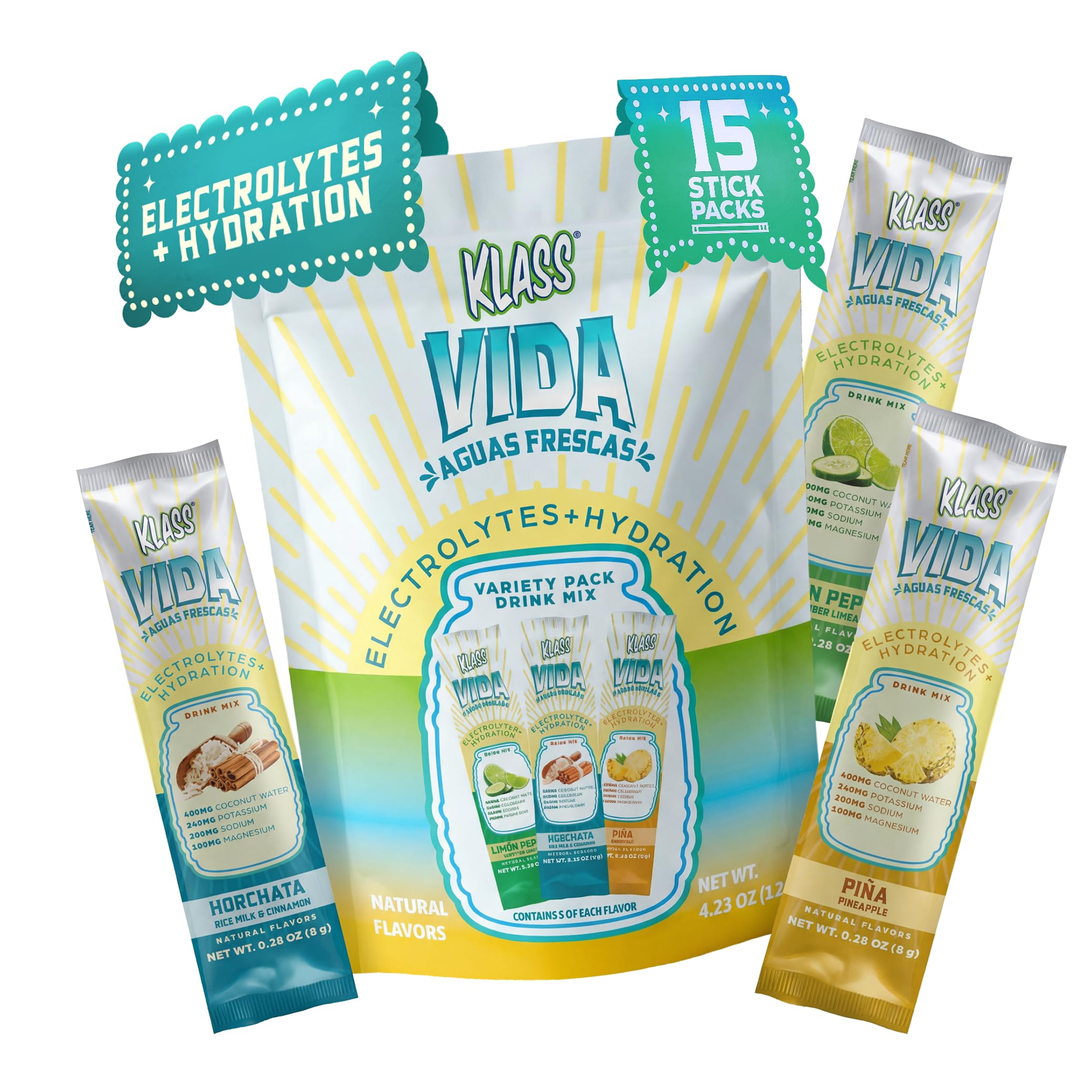 KLASS VIDA Daily Hydration Pineapple Agua Fresca Electrolyte Powder Packets | Sugar Free Electrolyte Drink Mix | Hydration Packets with Coconut Water & Minerals | 15 Stick Packs