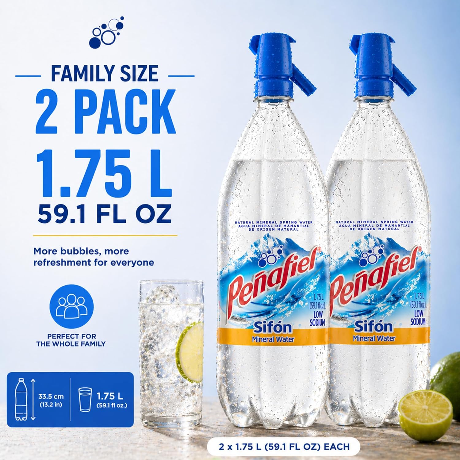 Peñafiel Sifón Sparkling Mineral Water 1.75L (59.17 fl oz) 2 Pack – Agua Mineral Natural con Gas Dispensador, Carbonated Water Soda Style Bottle, Refrescante Bebida Mexicana