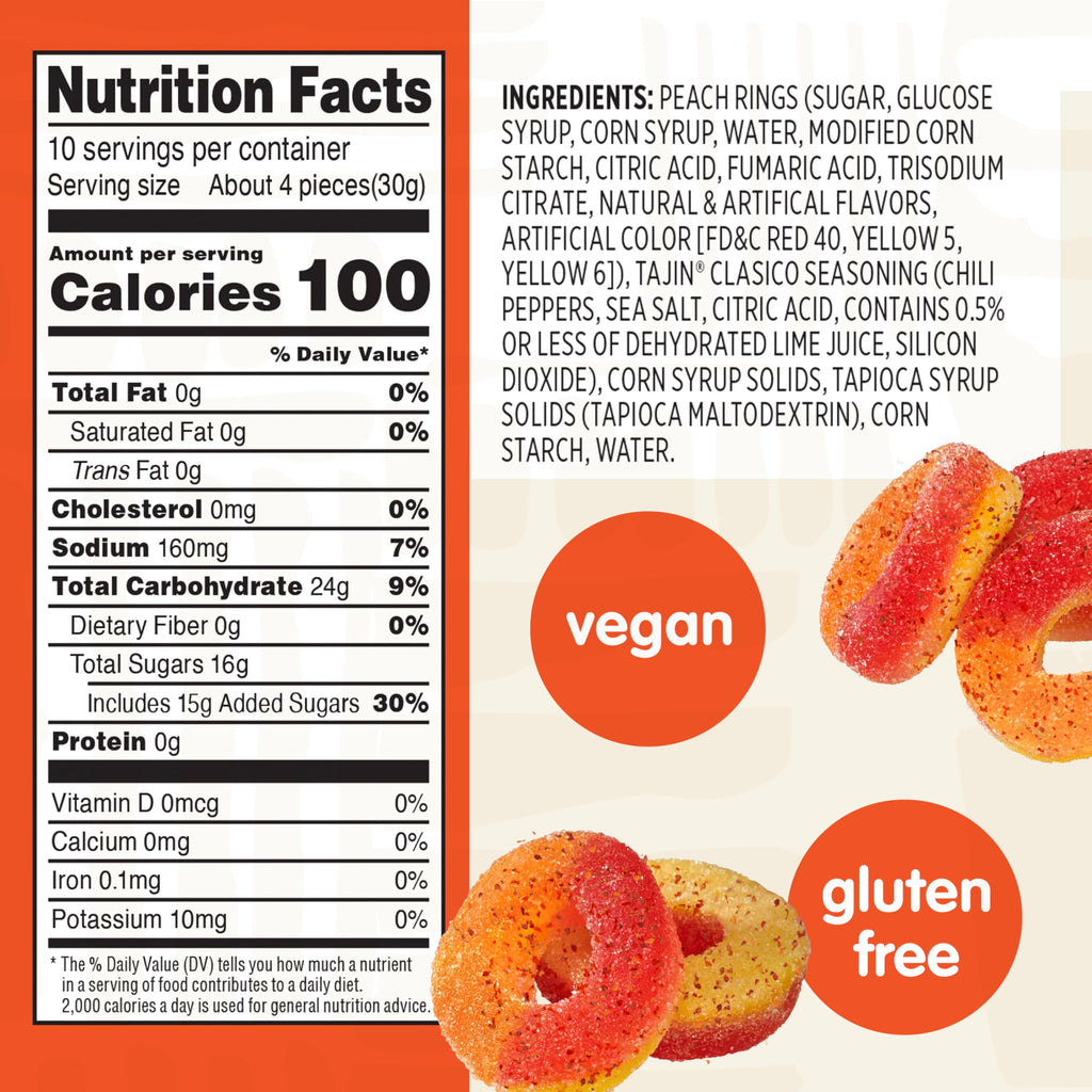 Snak Club Tajin Mango Rings Gummy Candy, Fruit Candy Gummies with Chili and Lime Seasoning, Mild, Gluten-Free and Vegan Snacks, 11 oz Resealable Bag