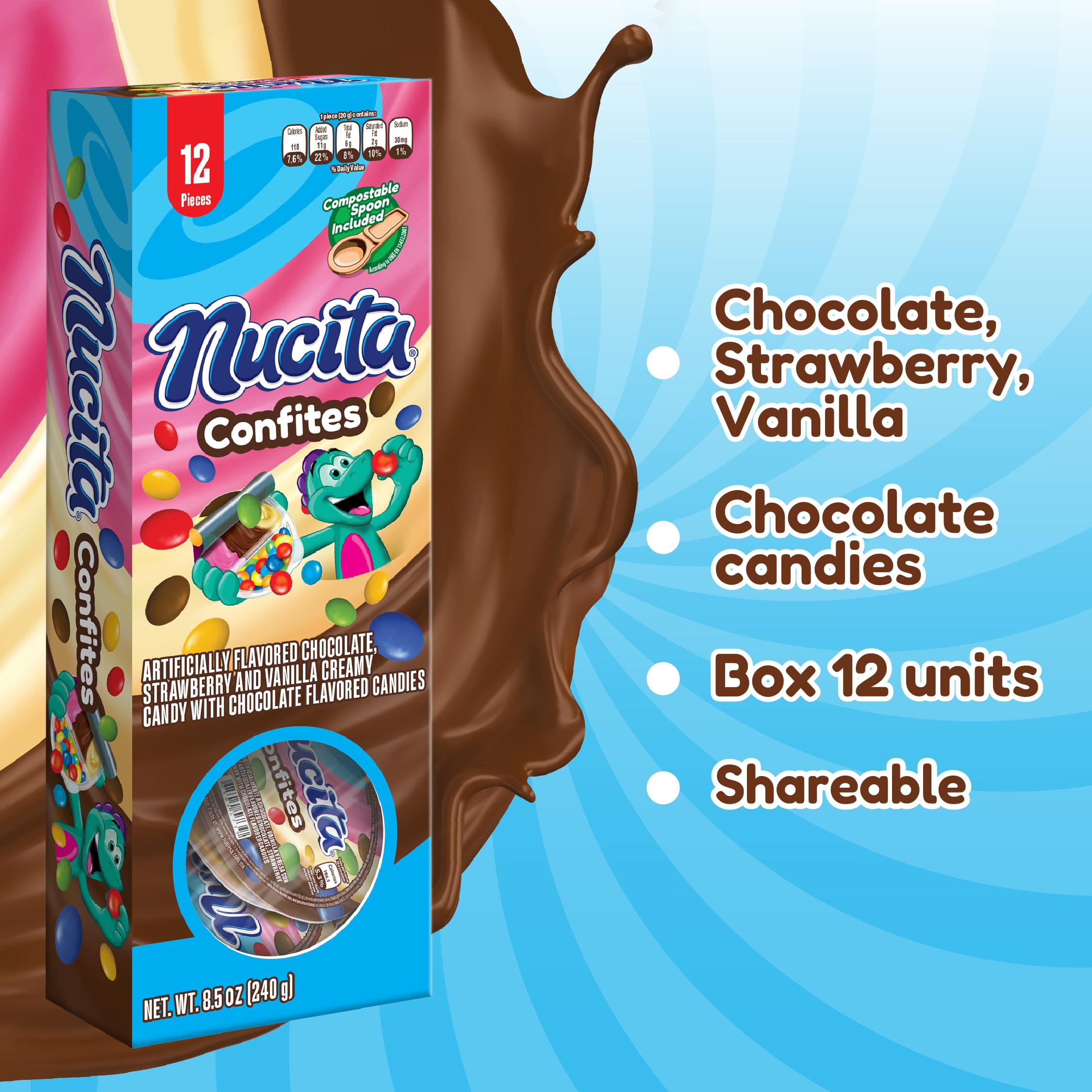 Nucita Confites 3-Flavor Spreadable Candy with Chocolate Candy (12 Pack) | Chocolate, Strawberry & Vanilla Spreadable Candy with Chocolate Flavored Candies
