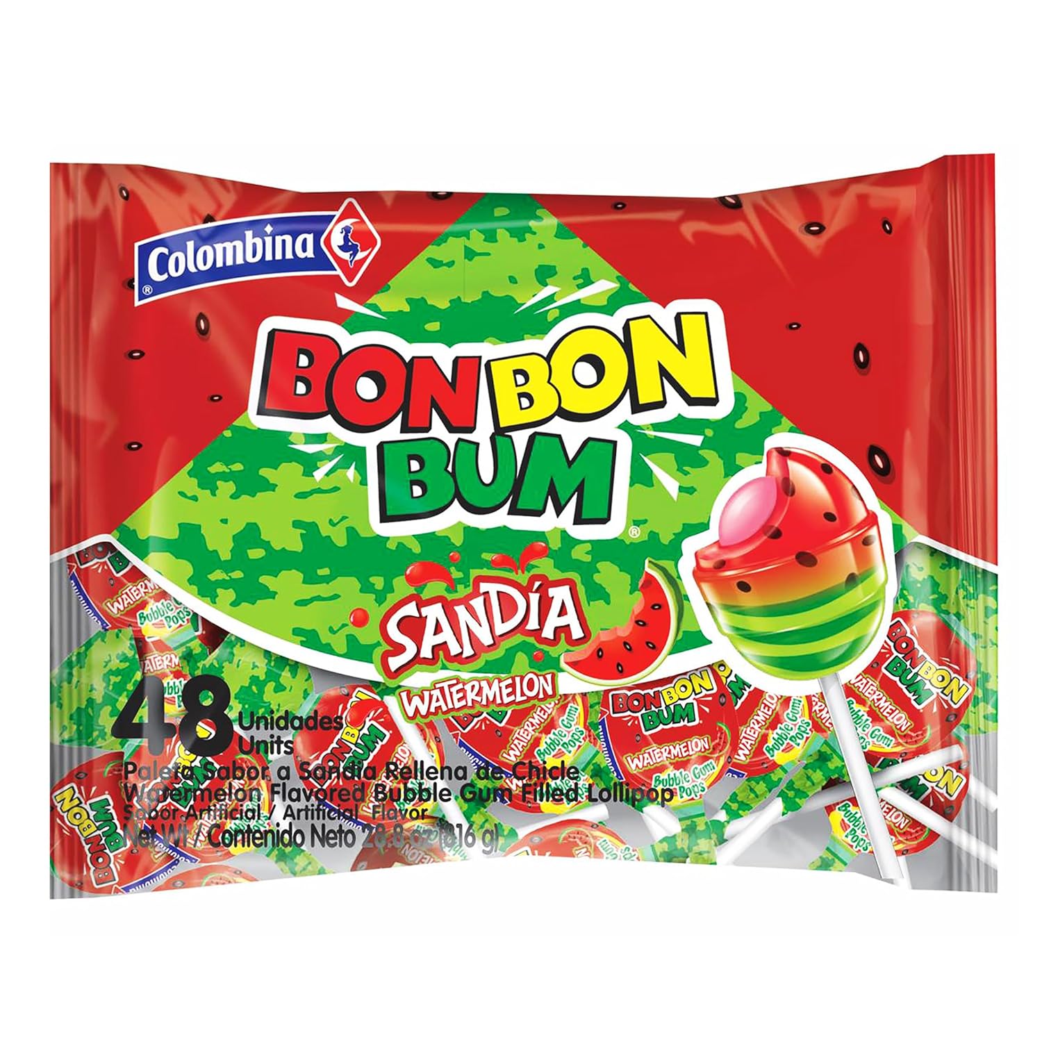 Colombina Bon Bon Bum Passion Fruit Lollipops, Tropical Fruit Hard Candy, Individually Wrapped Candy Pops for Parties, Candy Bowl Refill, Office or Classroom Rewards, 24 Count