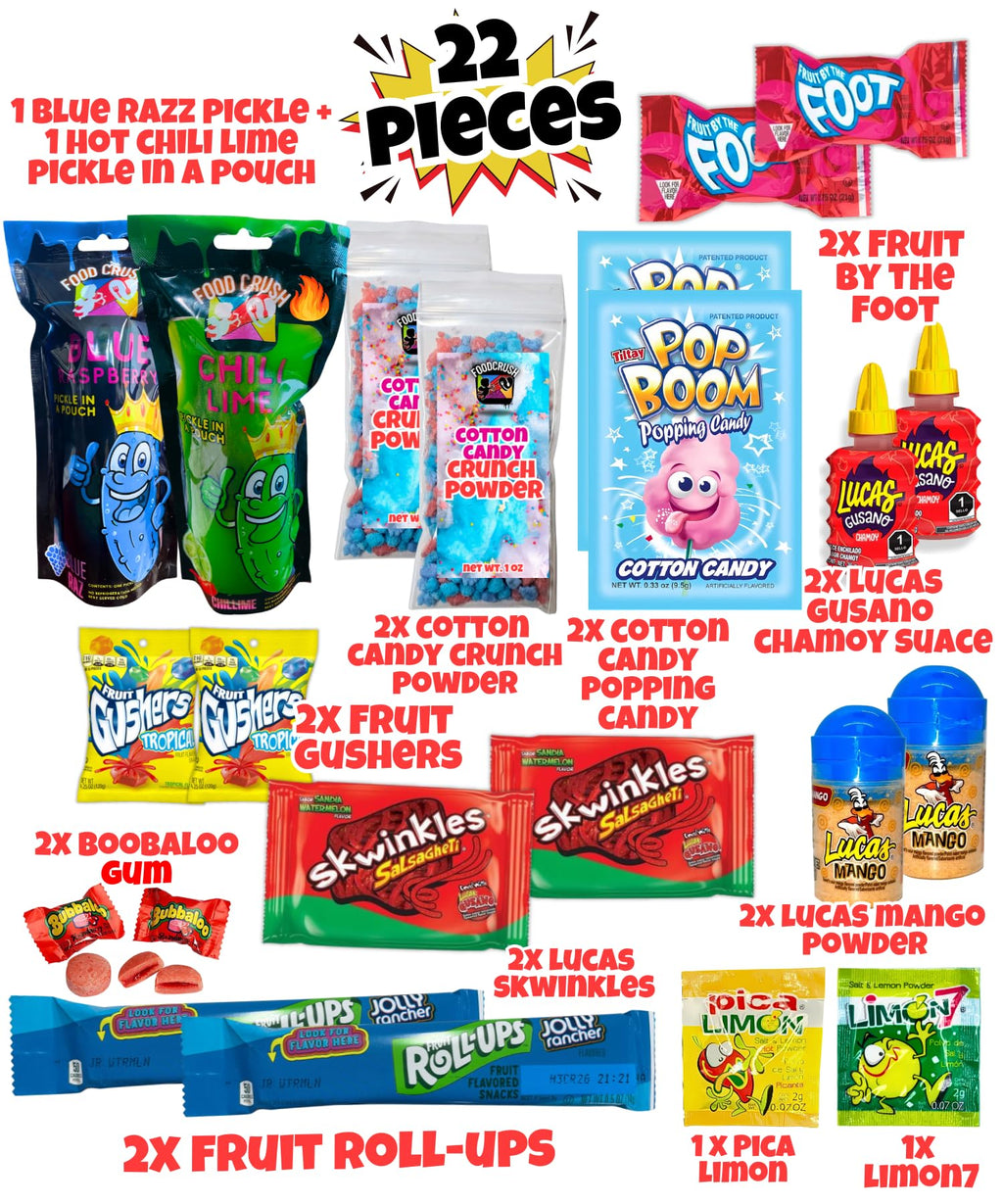 Chamoy Pickle Kit For 2 + Blue Raspberry Pickle Kit-(22 Pieces) Tiktok Candy Gift w Fruit Roll ups, skwinkles & other Mexican candy. Christmas gifts for kids, teen girl, boy