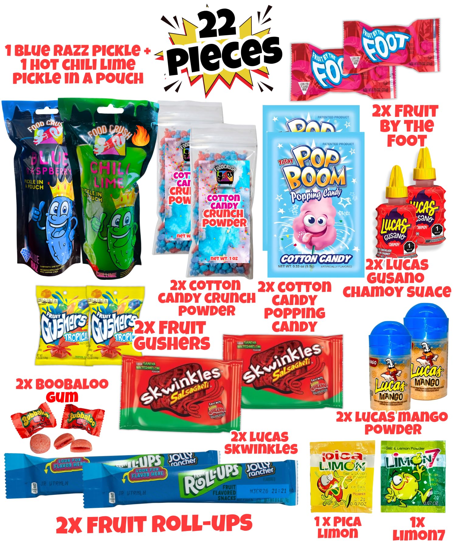 Chamoy Pickle Kit For 2 + Blue Raspberry Pickle Kit-(22 Pieces) Tiktok Candy Gift w Fruit Roll ups, skwinkles & other Mexican candy. Christmas gifts for kids, teen girl, boy