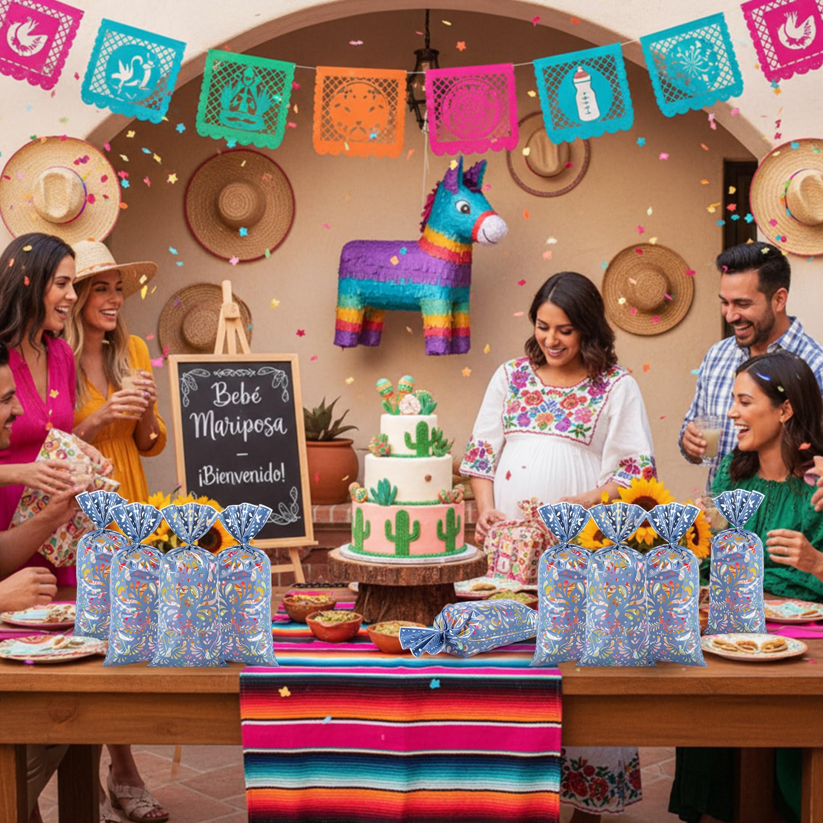 Funrous 100 Pcs Cielito Lindo Candy Bags Mexican Fiesta Gift Bags with Twist Ties Cinco De Mayo Party Favors Barro Candy Sack Talavera Sack for Mexican Wedding Fiesta Party Supplies(Brown Series)