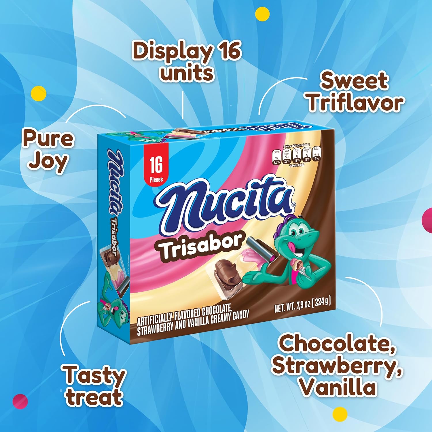 Nucita Trisabor, 3-Flavor Creamy Candy, 7.9 oz (16 Pack) | Chocolate, Strawberry & Vanilla Spreadable Candy