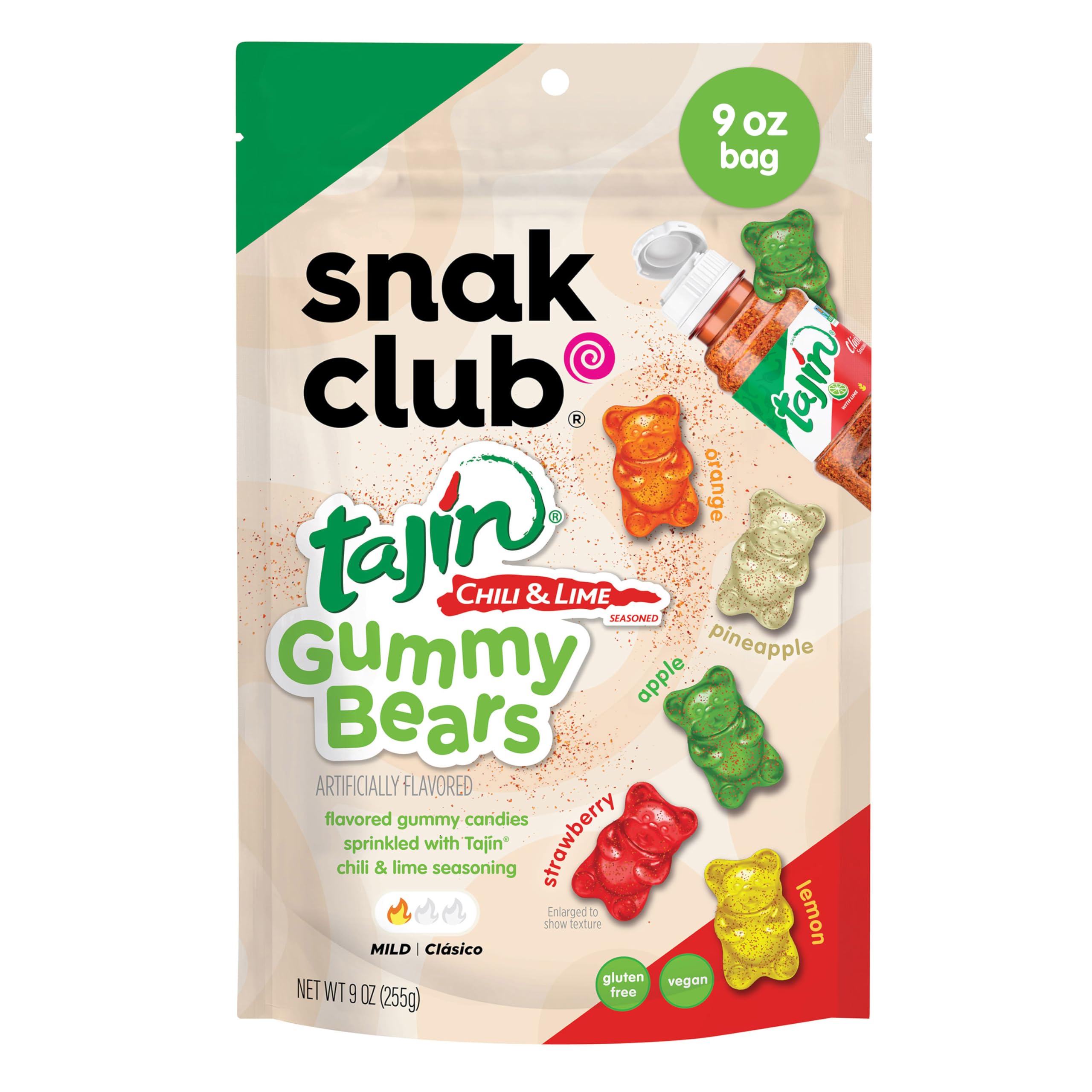Snak Club Tajin Gummy Bears, Assorted Fruit Candy Gummies with Chili and Lime Seasoning, Mild, Gluten-Free and Vegan Snacks, 9 oz Resealable Bag