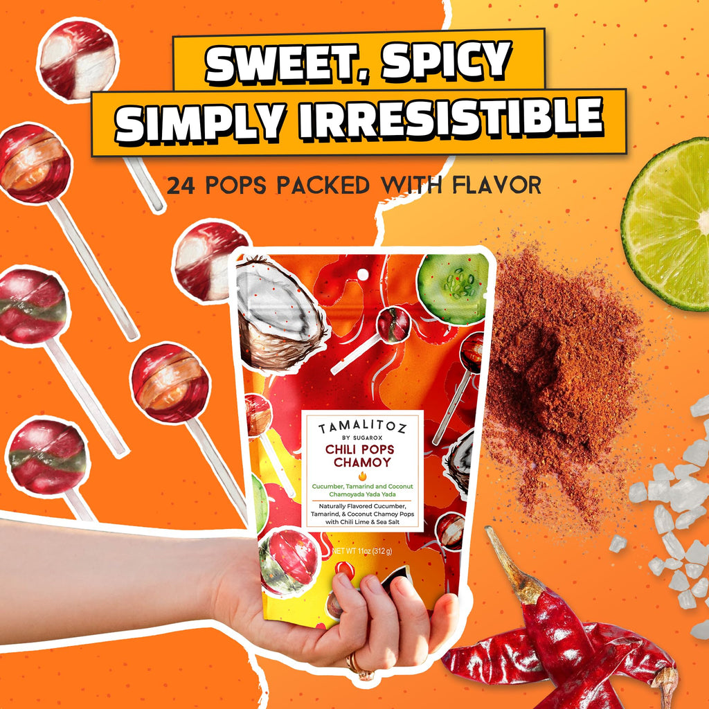 Tamalitoz Chili Pops Chamoy Spicy Mexican Lollipops with Chili, Lime, Sea Salt, Coconut, Tamarind & Cucumber Flavors Fruity Handcrafted Candy, Gluten-Free, Kosher, 2 Bags, (11oz)