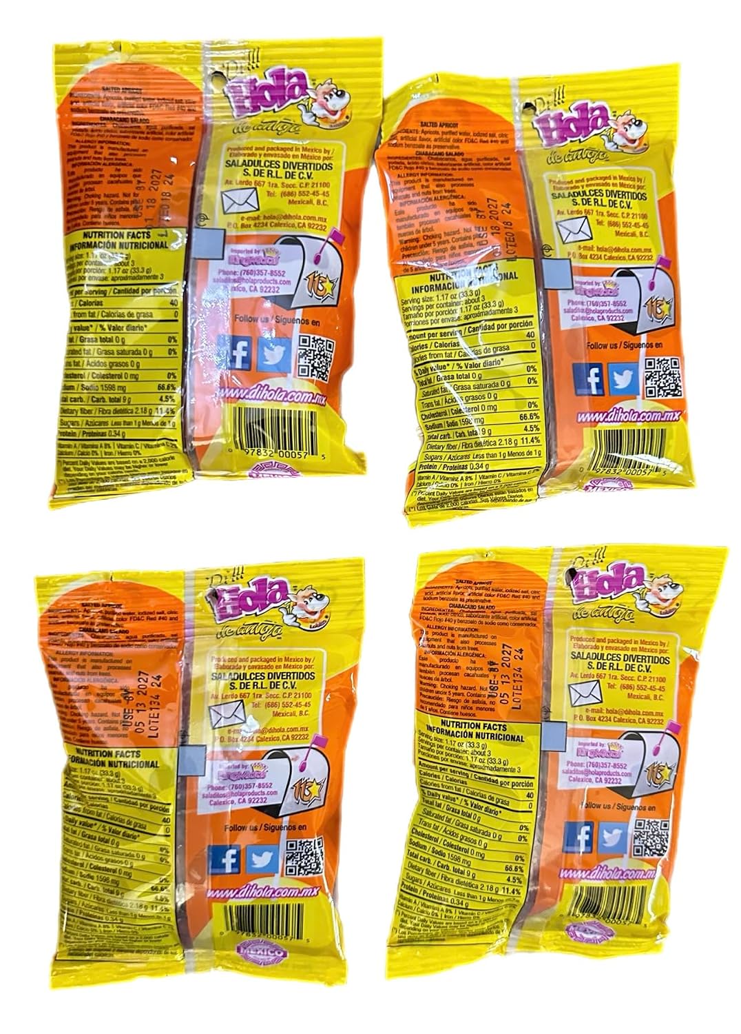 Hola Lobito Chamoy Rojo Salted Apricots 3.5oz Pack of 4