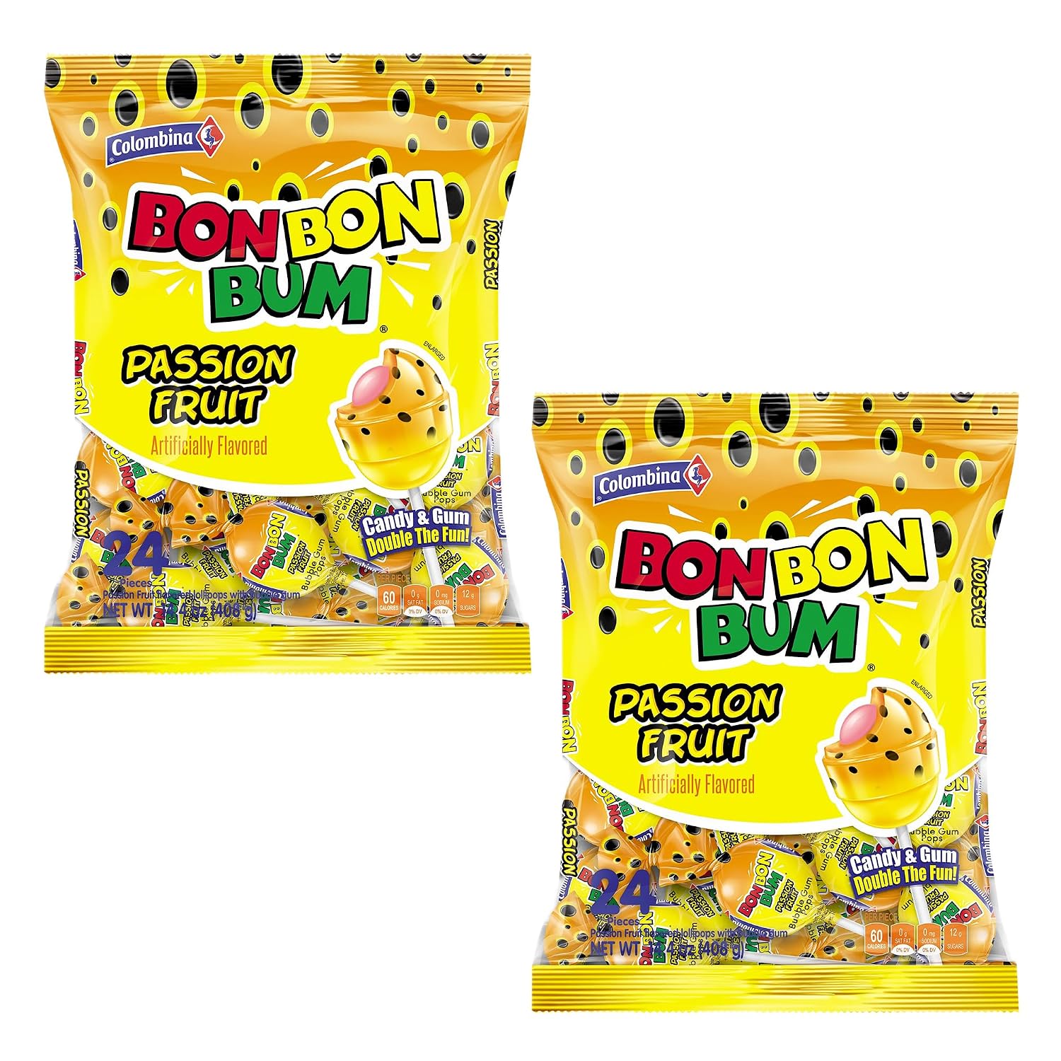 Colombina Bon Bon Bum Passion Fruit Lollipops, Tropical Fruit Hard Candy, Individually Wrapped Candy Pops for Parties, Candy Bowl Refill, Office or Classroom Rewards, 24 Count