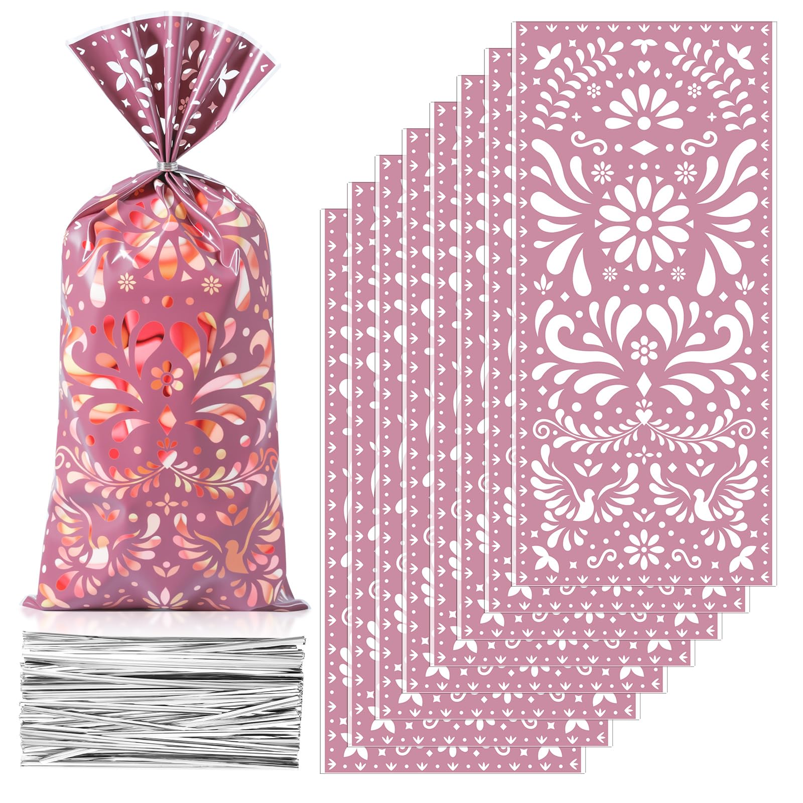 Funrous 100 Pcs Cielito Lindo Candy Bags Mexican Fiesta Gift Bags with Twist Ties Cinco De Mayo Party Favors Barro Candy Sack Talavera Sack for Mexican Wedding Fiesta Party Supplies(Brown Series)
