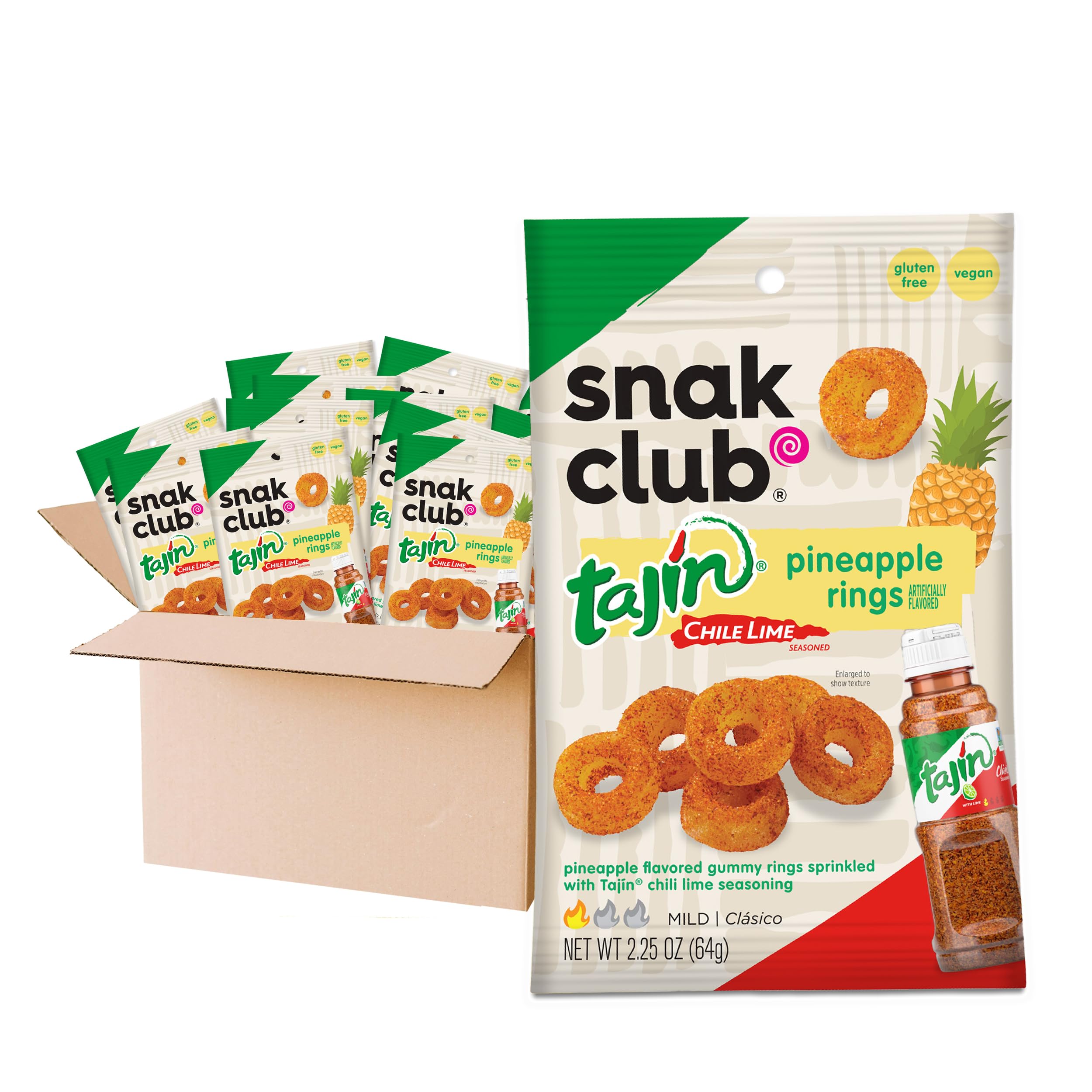 Snak Club Tajin Pineapple Rings Gummy Candy, Fruit Candy Gummies with Chili and Lime Seasoning, Mild, Gluten-Free and Vegan Snacks, 11 oz Resealable Bag