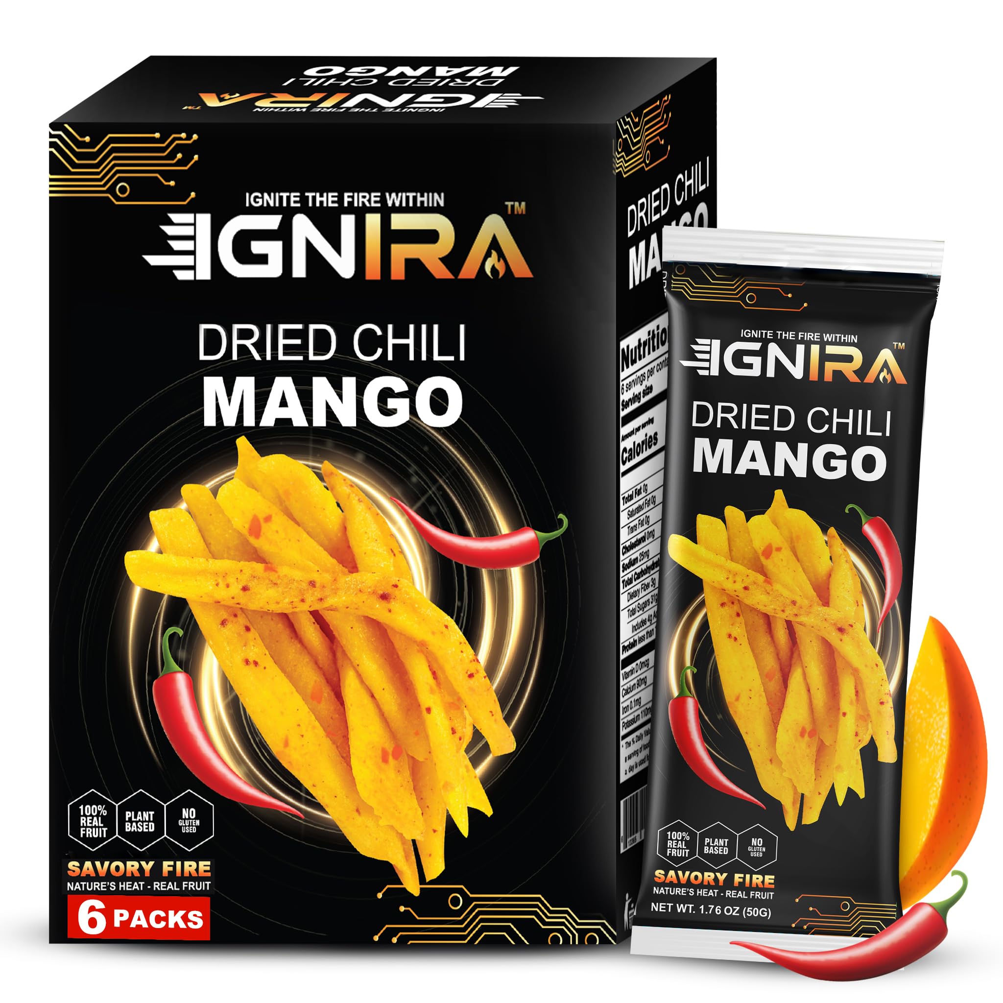IGNIRA Dried Mango with chili, Sweet & Hot Fruit Snack Strips, Dry Chamoy Mangoes Slices, Chili Mangoes Snacks for Office, Gluten-Free, Plant-Based, Real Fruit, 3 Boxes (6 Packs x3, 1.76 oz Each)
