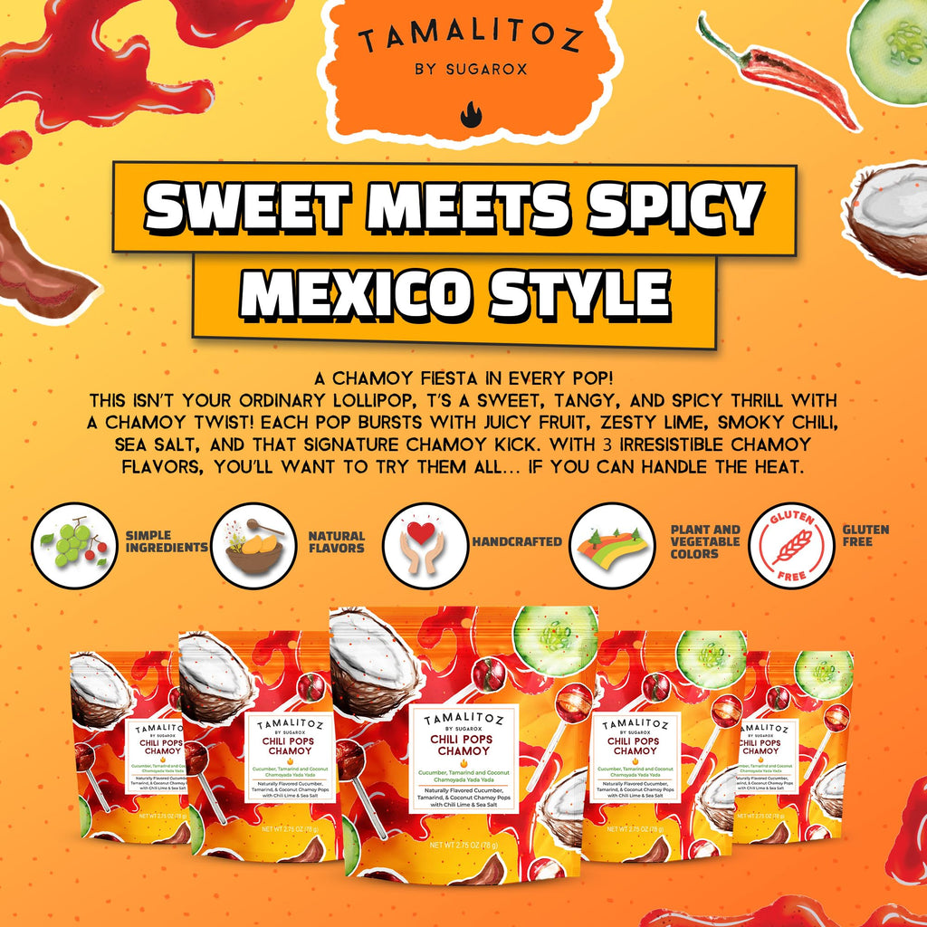 Tamalitoz Chili Pops Chamoy Spicy Mexican Lollipops with Chili, Lime, Sea Salt, Coconut, Tamarind & Cucumber Flavors Fruity Handcrafted Candy, Gluten-Free, Kosher, 2 Bags, (11oz)