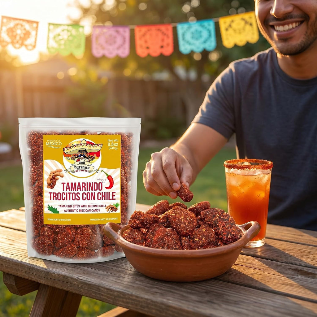 Tamarindo De Frutas Con Chile, Authentic Mexican Tamarind Candy with Chili, Sweet, Tangy and Spicy. Dulce De Tamarindo 8.5 oz. Contains Seed. Bag by Don Turinos