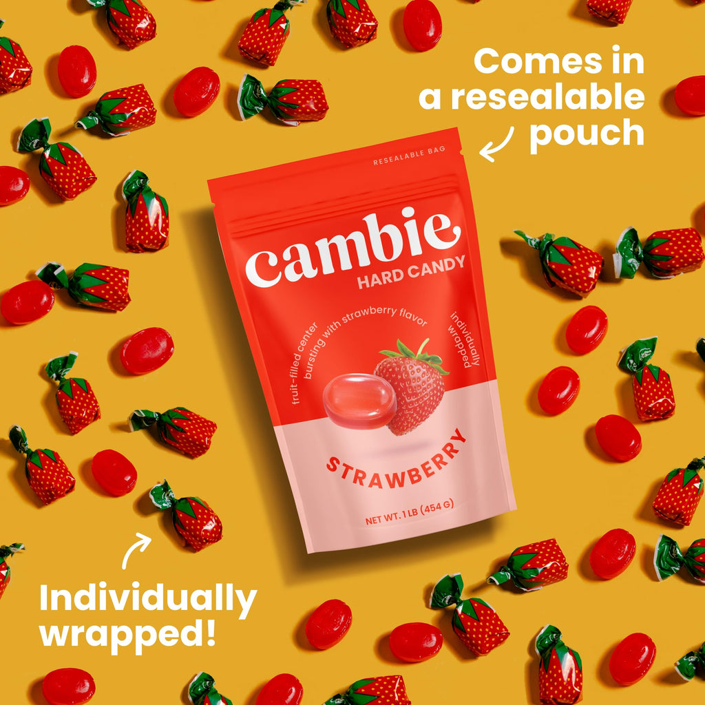 Strawberry Hard Candy Individually Wrapped by Cambie, 2 lbs of Strawberry Candy with a Deliciously Sweet Hard Exterior with a Soft, Fruit-Filled Center
