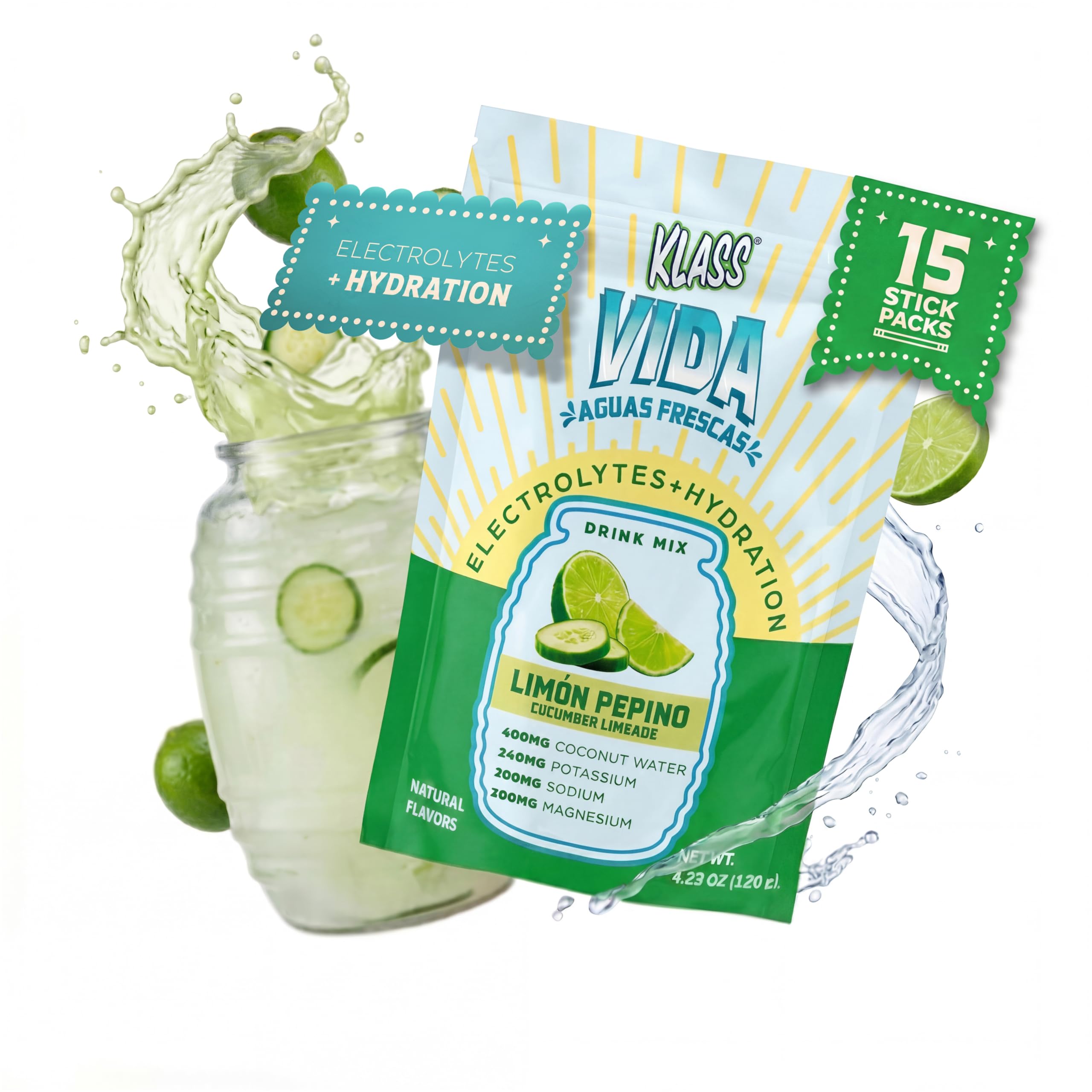 KLASS VIDA Daily Hydration Pineapple Agua Fresca Electrolyte Powder Packets | Sugar Free Electrolyte Drink Mix | Hydration Packets with Coconut Water & Minerals | 15 Stick Packs