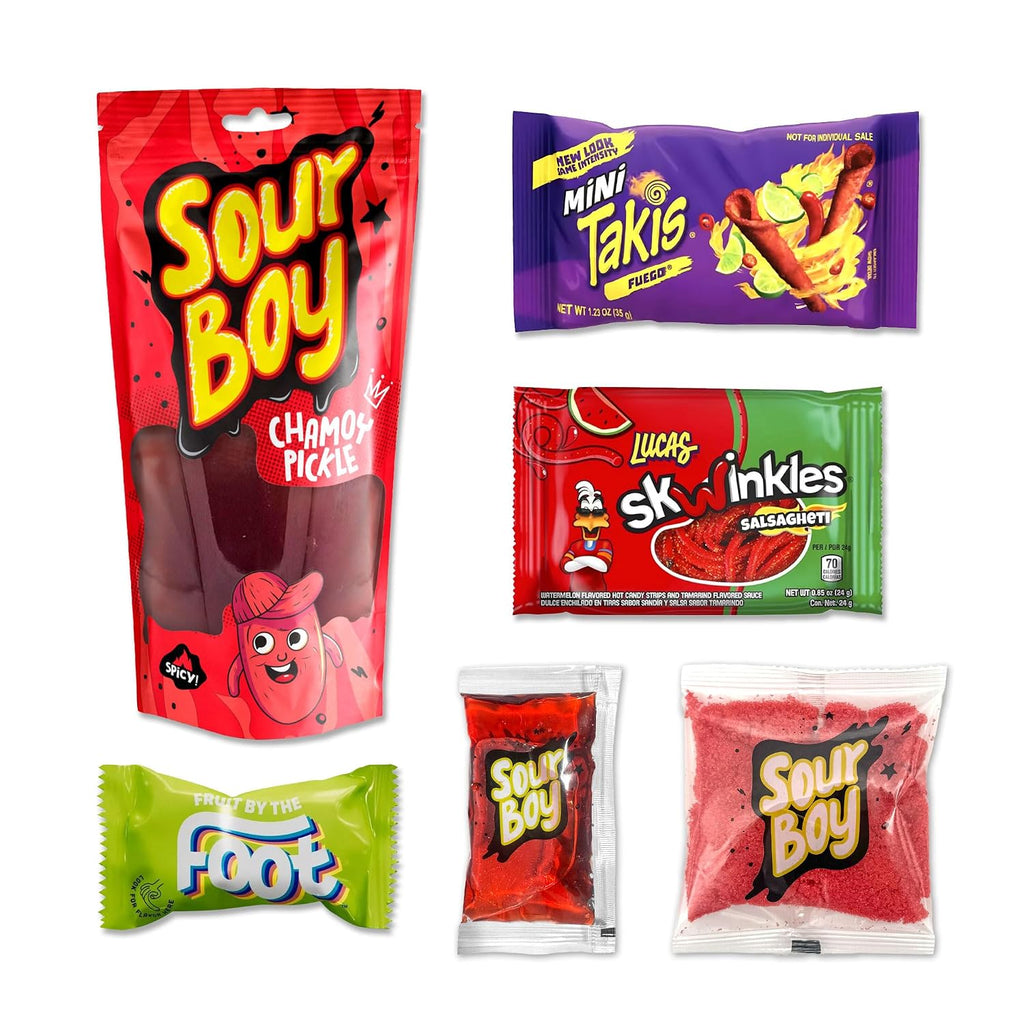 SourBoy Chamoy Pickle Kit Essentials – Jumbo Chamoy Pickle with Spicy & Sour Candy, Chamoy Sour Powder and Liquid – 6-Piece Mexican Candy Snack Box