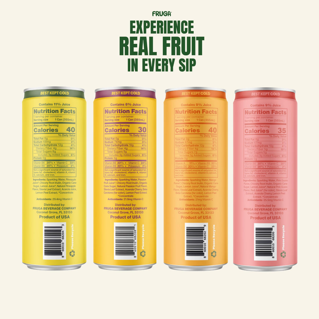 FRUGA Four Real Mix Fruit Soda Pack, Prebiotic Soda Pop Drinks, 12 Pack