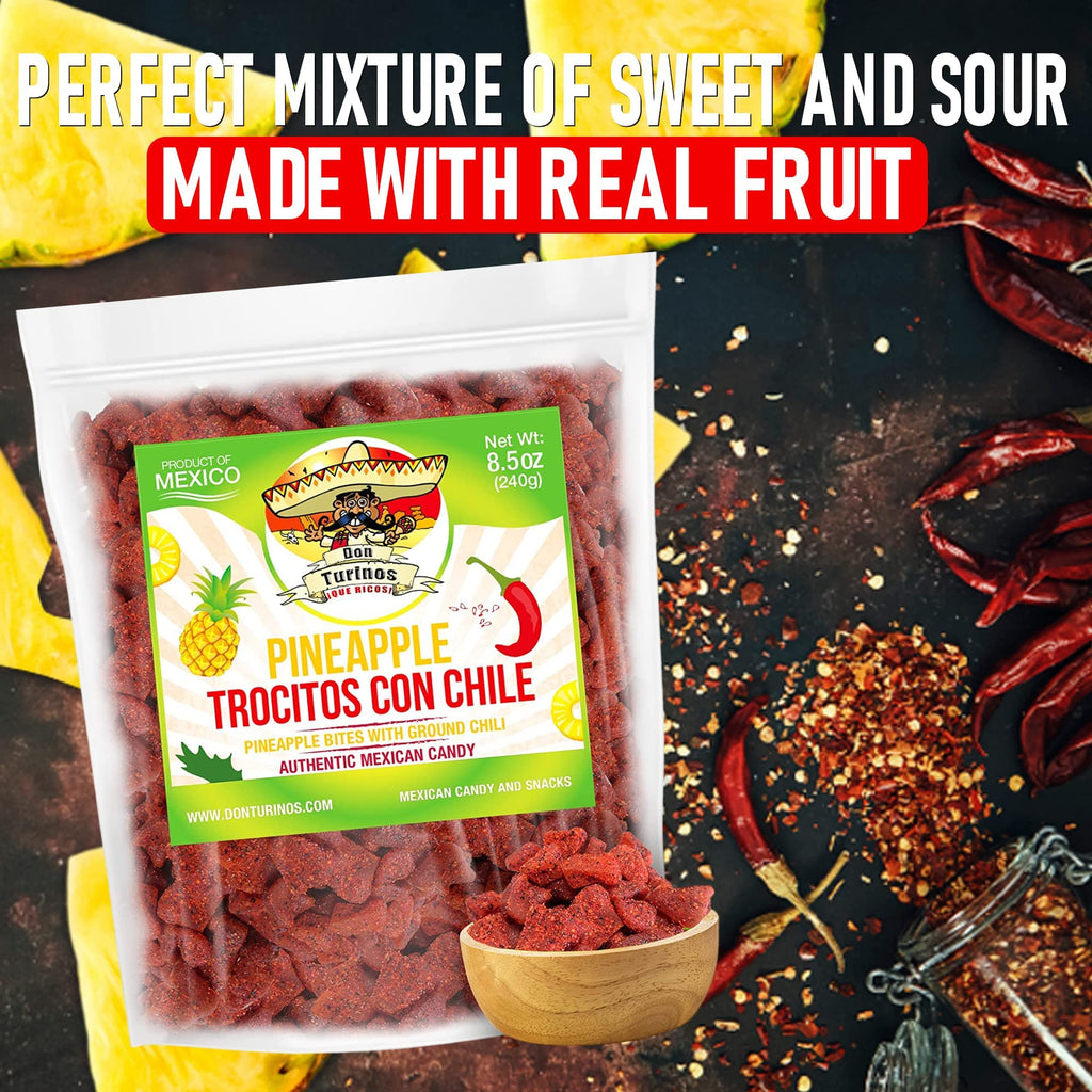 Dried Chili Pineapple Mexican Candy , 8.5 oz, Natural Soft Dry Chunks, Traditional Dulce Mexicano, Sweet and Spicy Flavor, by Don Turinos