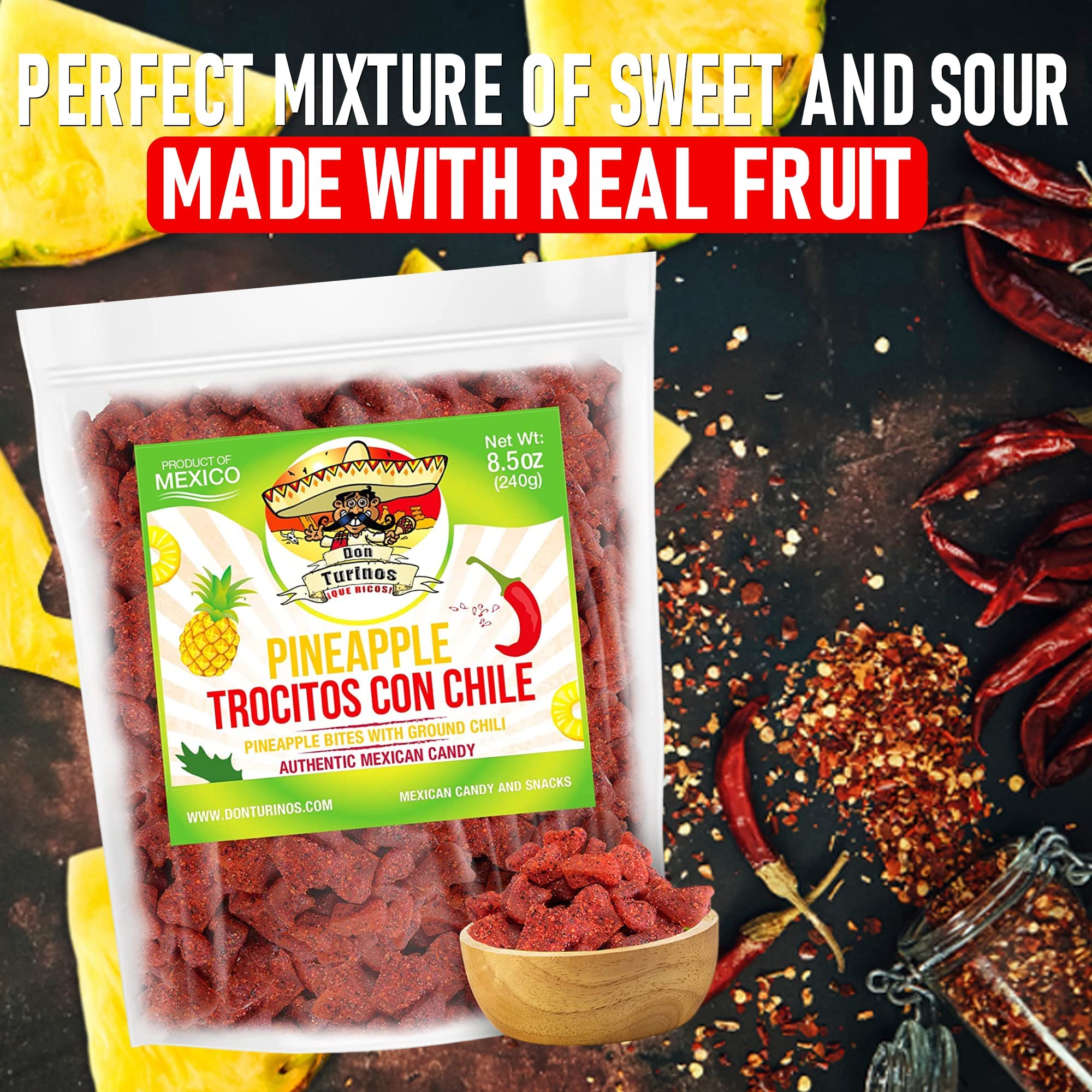 Dried Chili Pineapple Mexican Candy , 8.5 oz, Natural Soft Dry Chunks, Traditional Dulce Mexicano, Sweet and Spicy Flavor, by Don Turinos