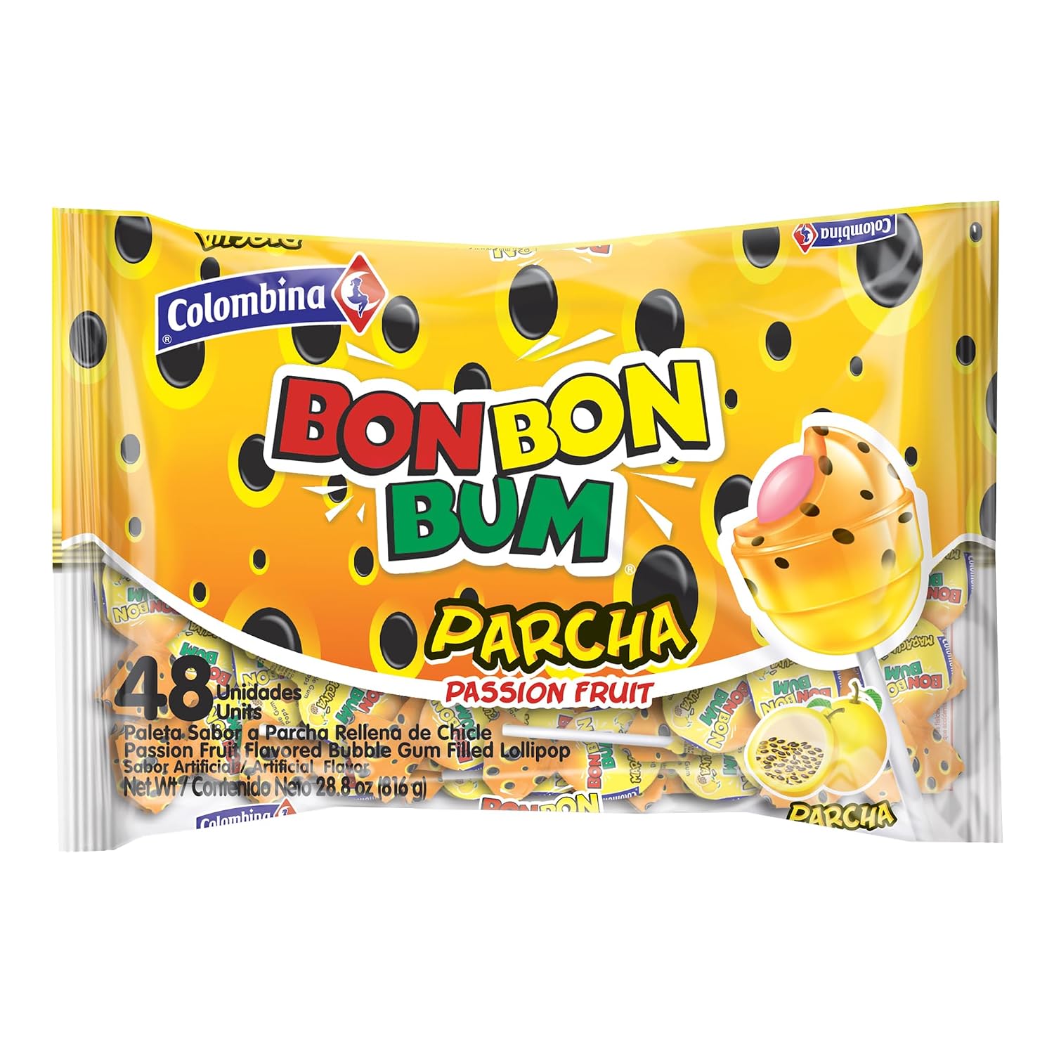 Colombina Bon Bon Bum Passion Fruit Lollipops, Tropical Fruit Hard Candy, Individually Wrapped Candy Pops for Parties, Candy Bowl Refill, Office or Classroom Rewards, 24 Count
