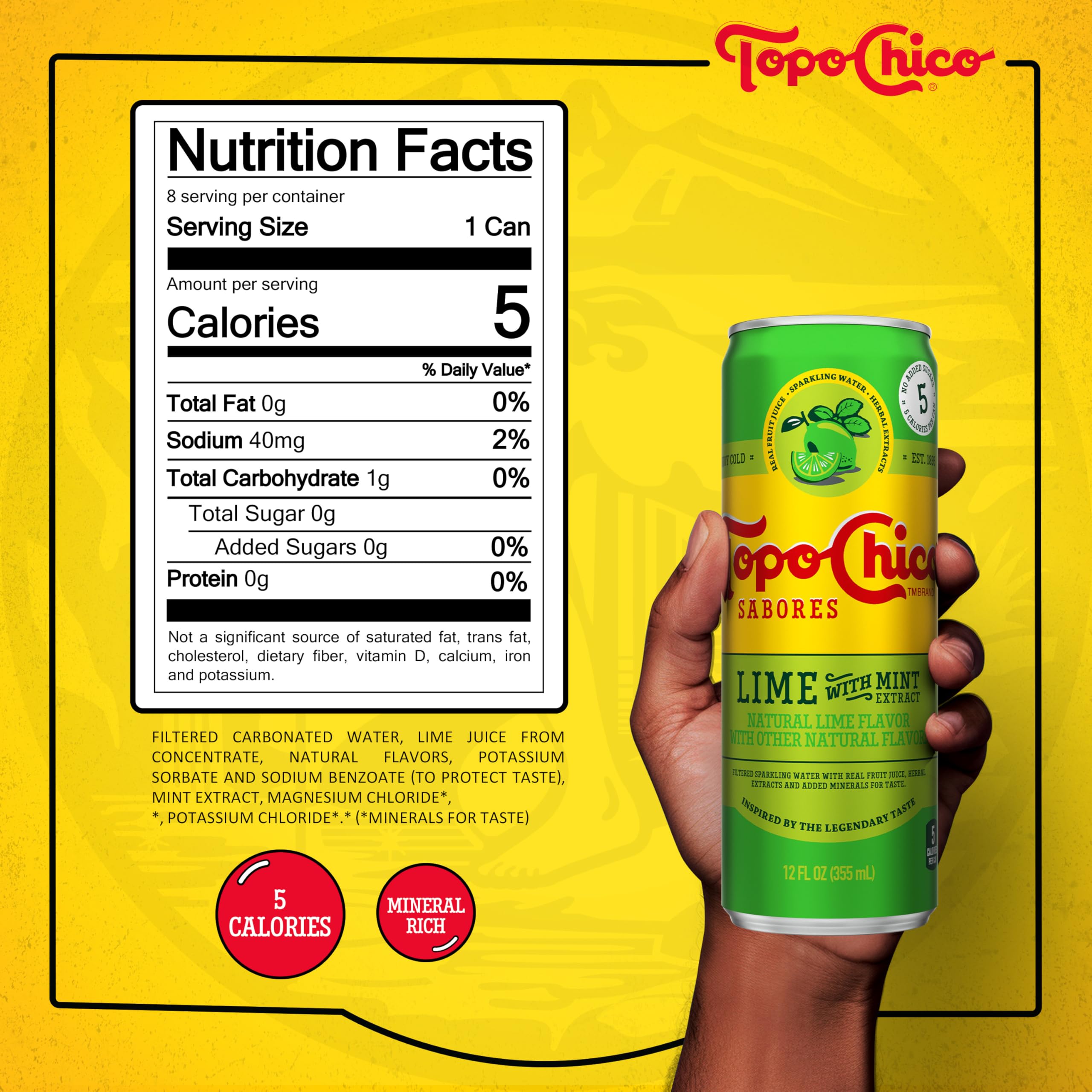 Topo Chico Sabores Lime with Mint Extract Flavored Sparkling Water, 12 fl oz Portable Cans, 8 Pack