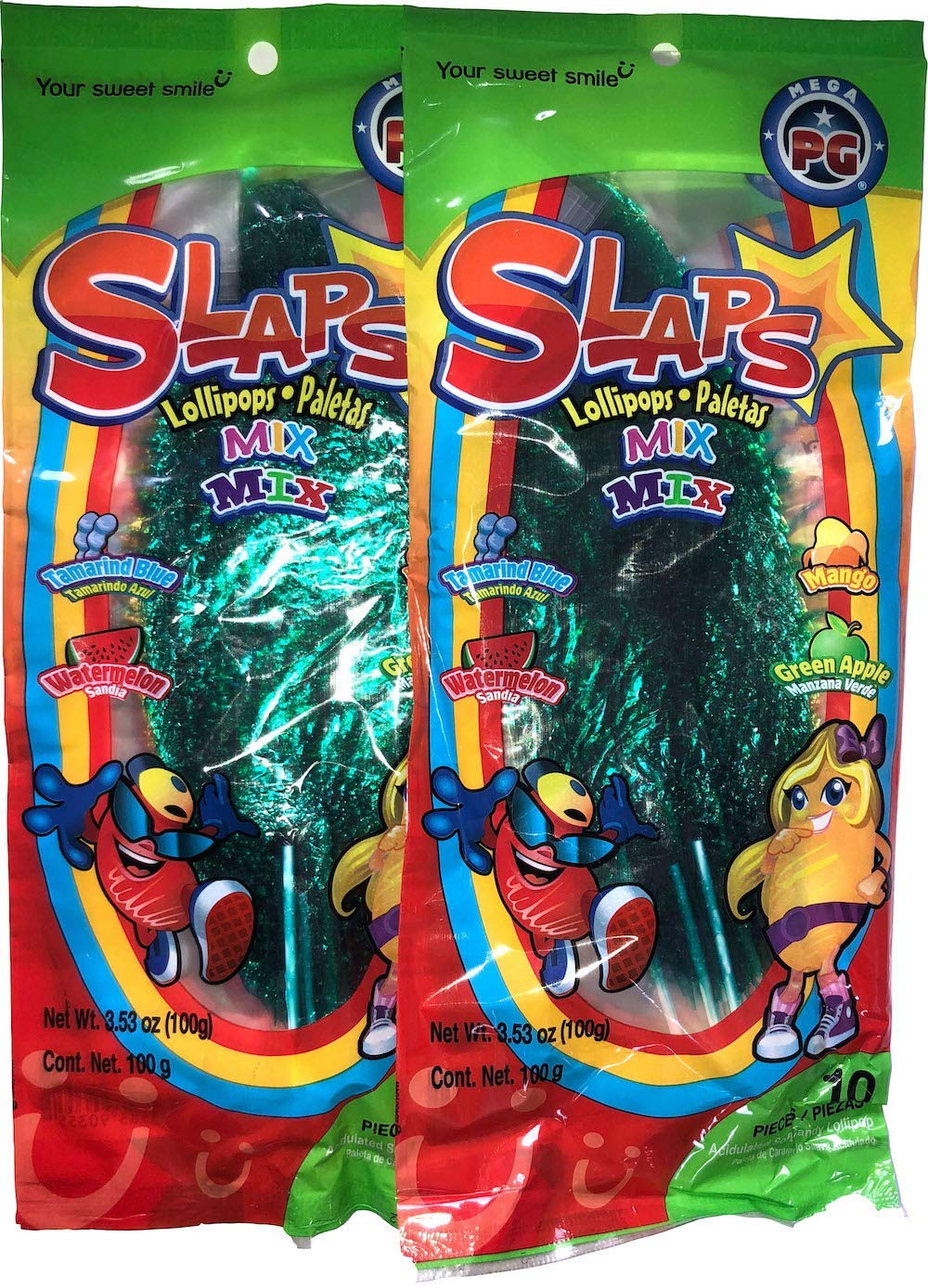 Dulces Pigui Slaps Green Apple Flavor Paletas Mexican Candy (10 Lollipops)