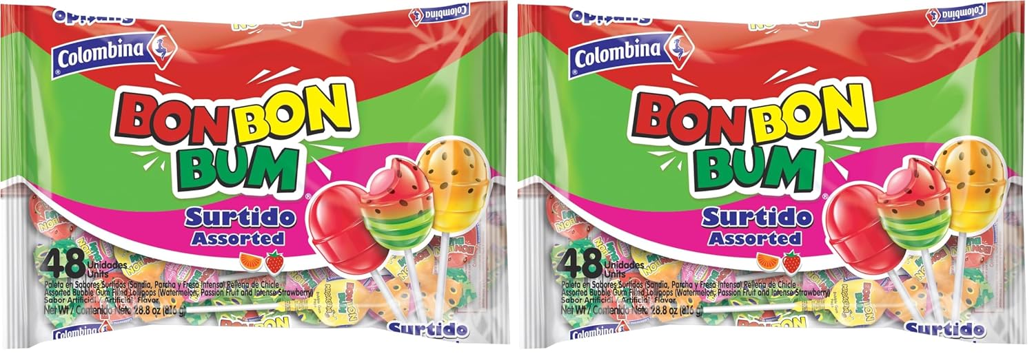 Colombina Bon Bon Bum Passion Fruit Lollipops, Tropical Fruit Hard Candy, Individually Wrapped Candy Pops for Parties, Candy Bowl Refill, Office or Classroom Rewards, 24 Count