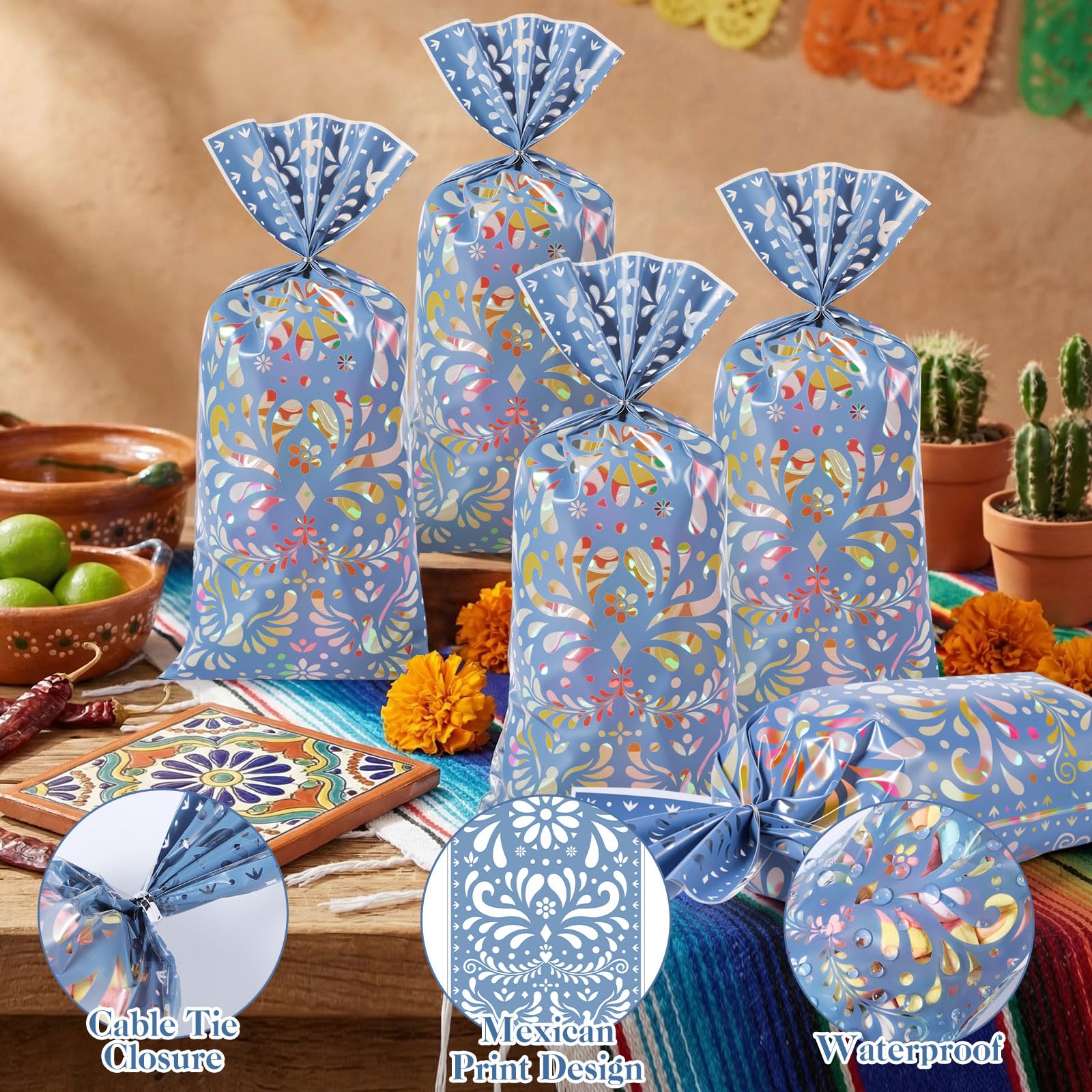 Funrous 100 Pcs Cielito Lindo Candy Bags Mexican Fiesta Gift Bags with Twist Ties Cinco De Mayo Party Favors Barro Candy Sack Talavera Sack for Mexican Wedding Fiesta Party Supplies(Brown Series)