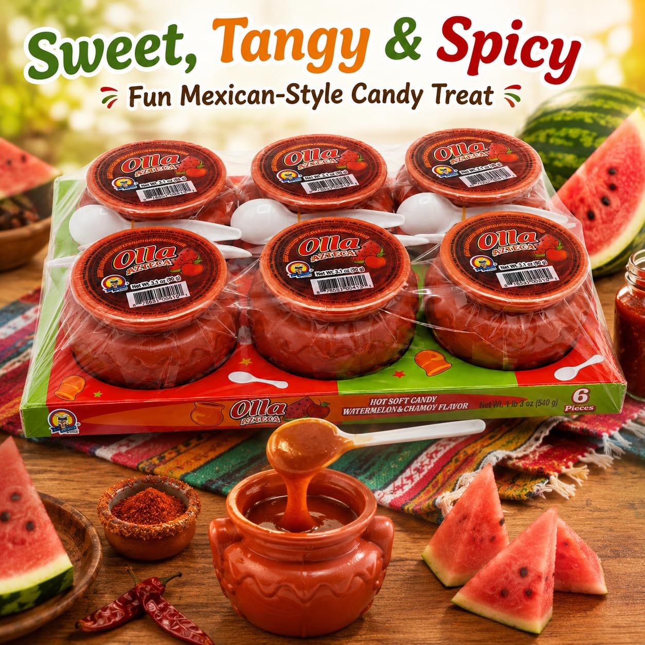 Olla El Azteca Hot Soft Candy Watermelon & Chamoy Flavor, 6 Individual Candy Cups with Spoons, Mexican-Style Sweet Tangy Spicy Candy, 3.1 oz Each, 1 lb 3 oz Total