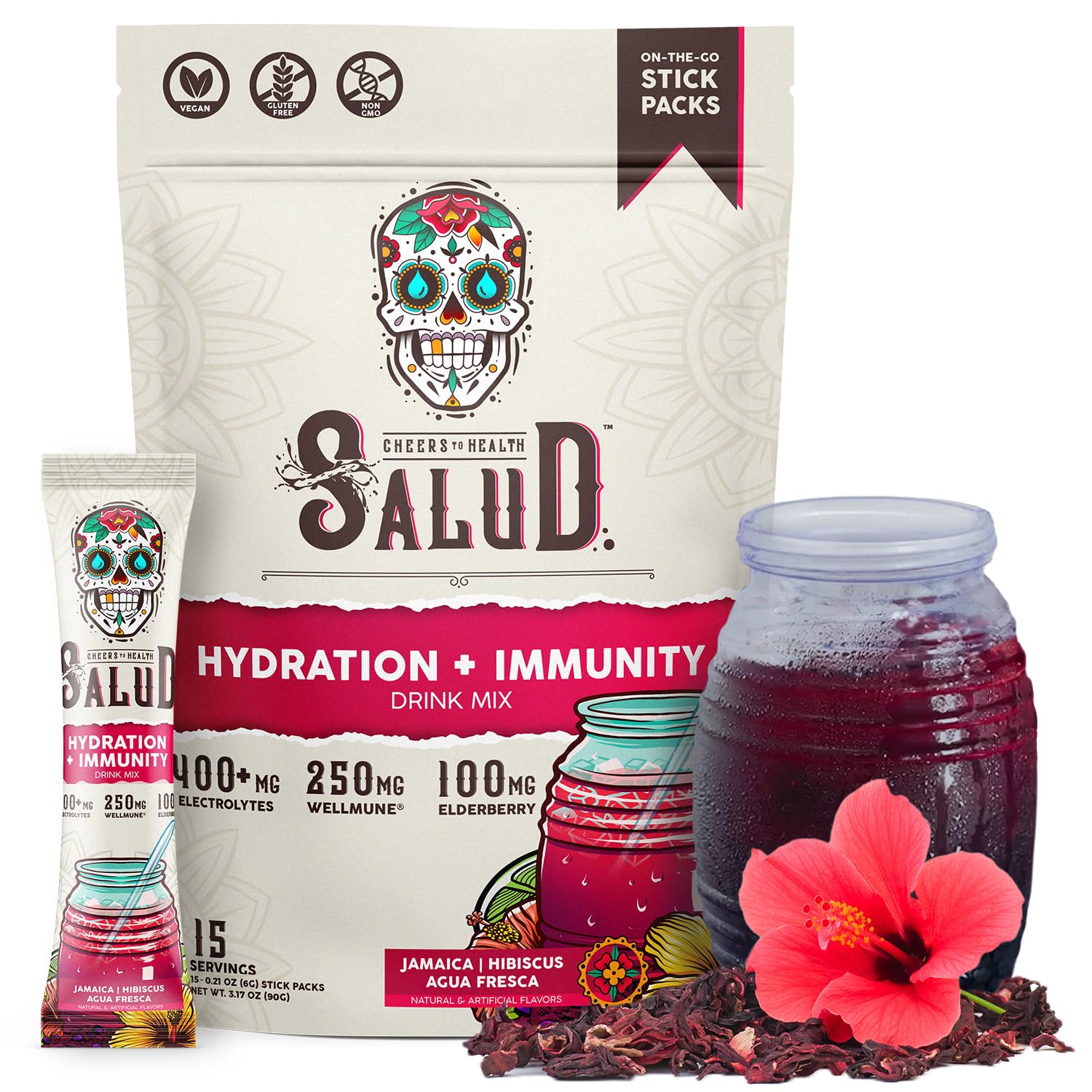 Salud x Jarritos 2-in-1 Hydration Packets + Immunity Electrolytes Powder, Guava - Agua Fresca Drink Mix, Elderberry, Dairy & Soy Free, Non-GMO, Gluten Free, Vegan, 1g Sugar (15 Servings)