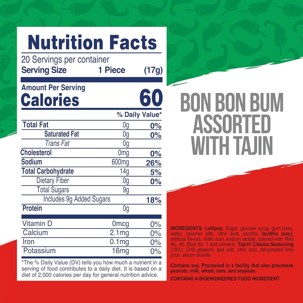 Colombina Bon Bon Bum Tropical Passion Fruit & Watermelon with Tajin Seasoning Chile Lime Dip, 20 Count (Pack of 1)