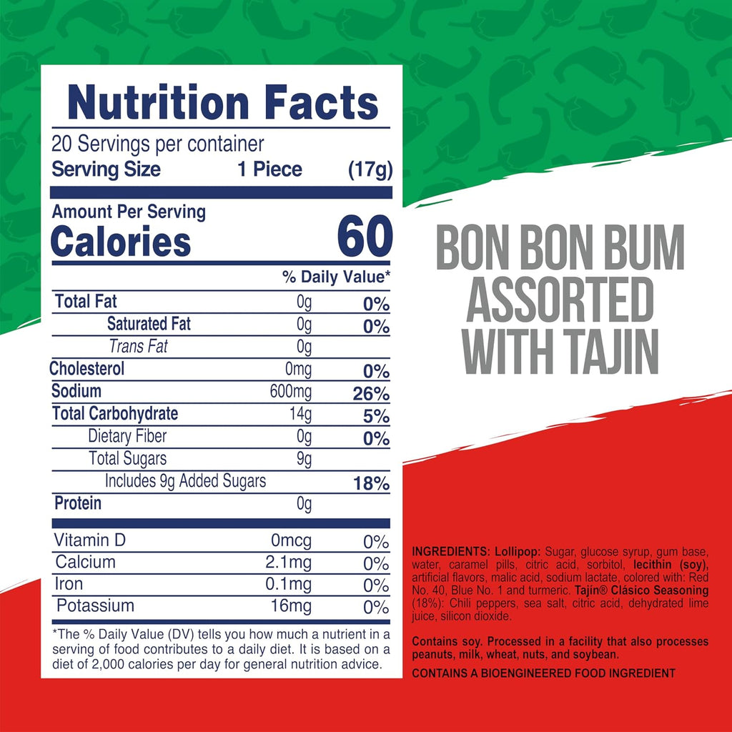 Colombina Bon Bon Bum Tropical Passion Fruit & Watermelon with Tajin Seasoning Chile Lime Dip, 20 Count (Pack of 1)